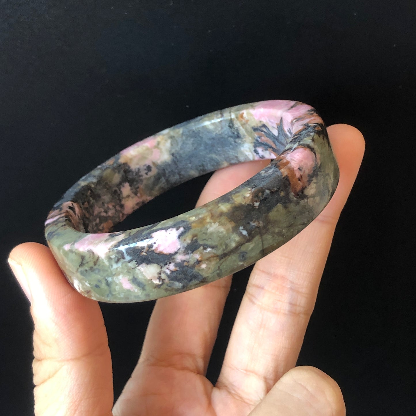 57mm Natural Rhodonite Stone Bangle | Pink & Deep Green with Splashing Black Ink | Cool & Wild