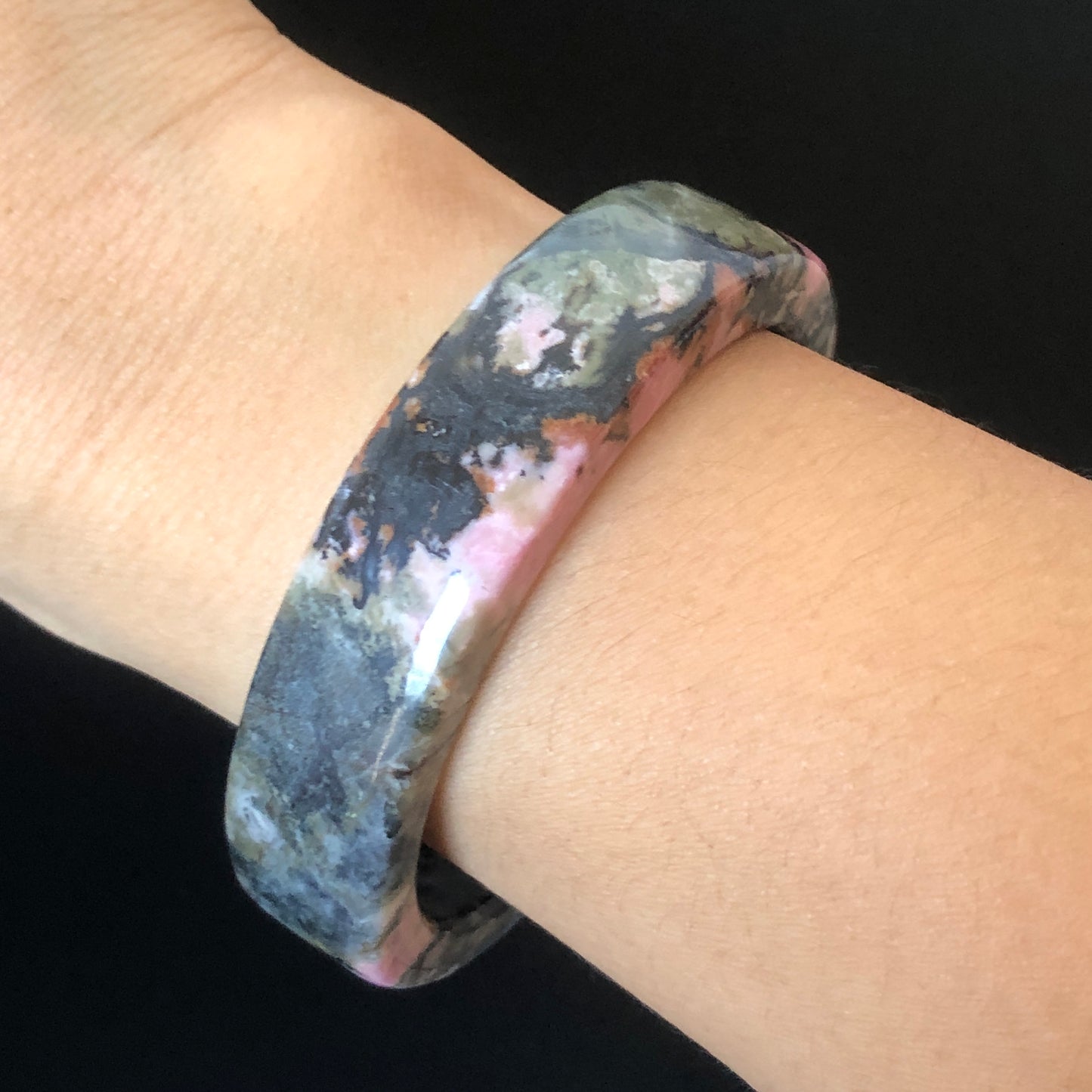 57mm Natural Rhodonite Stone Bangle | Pink & Deep Green with Splashing Black Ink | Cool & Wild