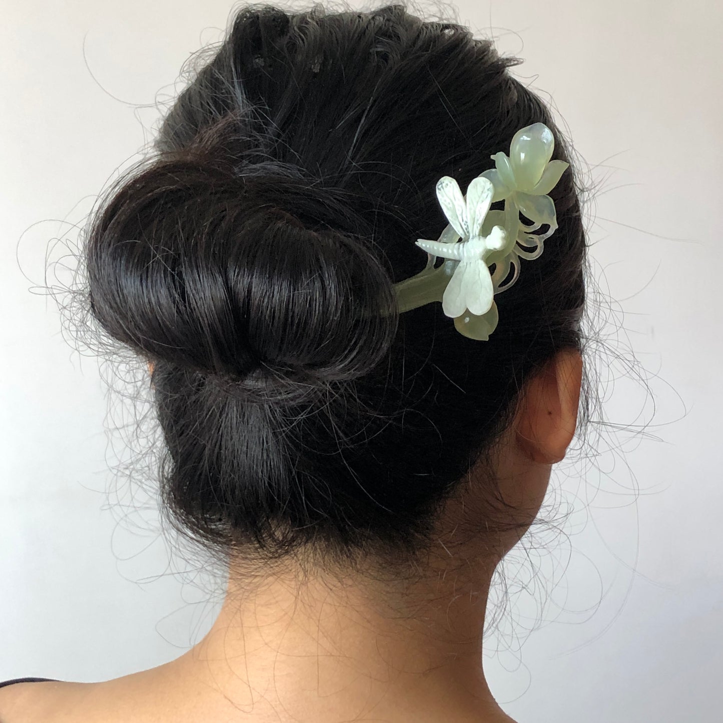Certified Natural Xiu Jade Hand Carved Hair Pin | Dragonfly on Flower | Green & White