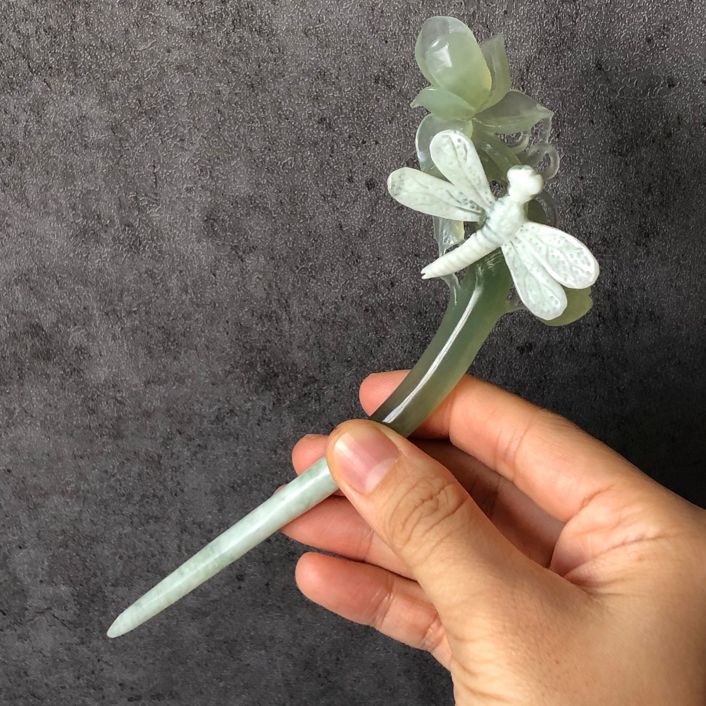 Certified Natural Xiu Jade Hand Carved Hair Pin | Dragonfly on Flower | Green & White