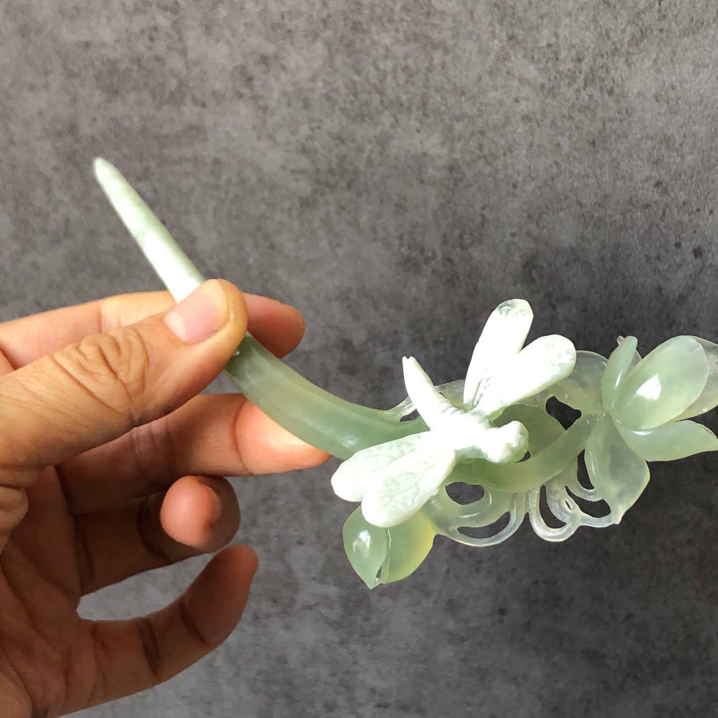 Certified Natural Xiu Jade Hand Carved Hair Pin | Dragonfly on Flower | Green & White