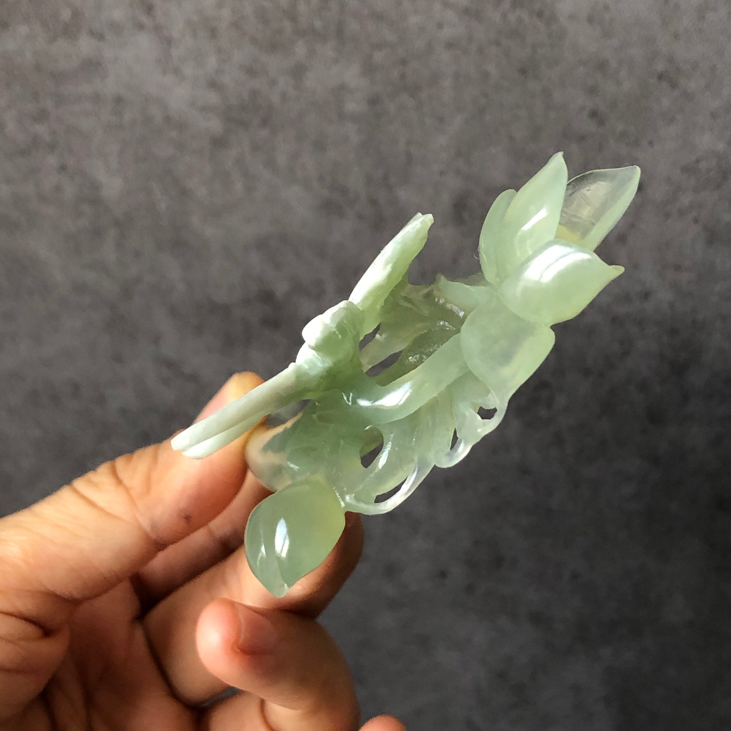 Certified Natural Xiu Jade Hand Carved Hair Pin | Dragonfly on Flower | Green & White