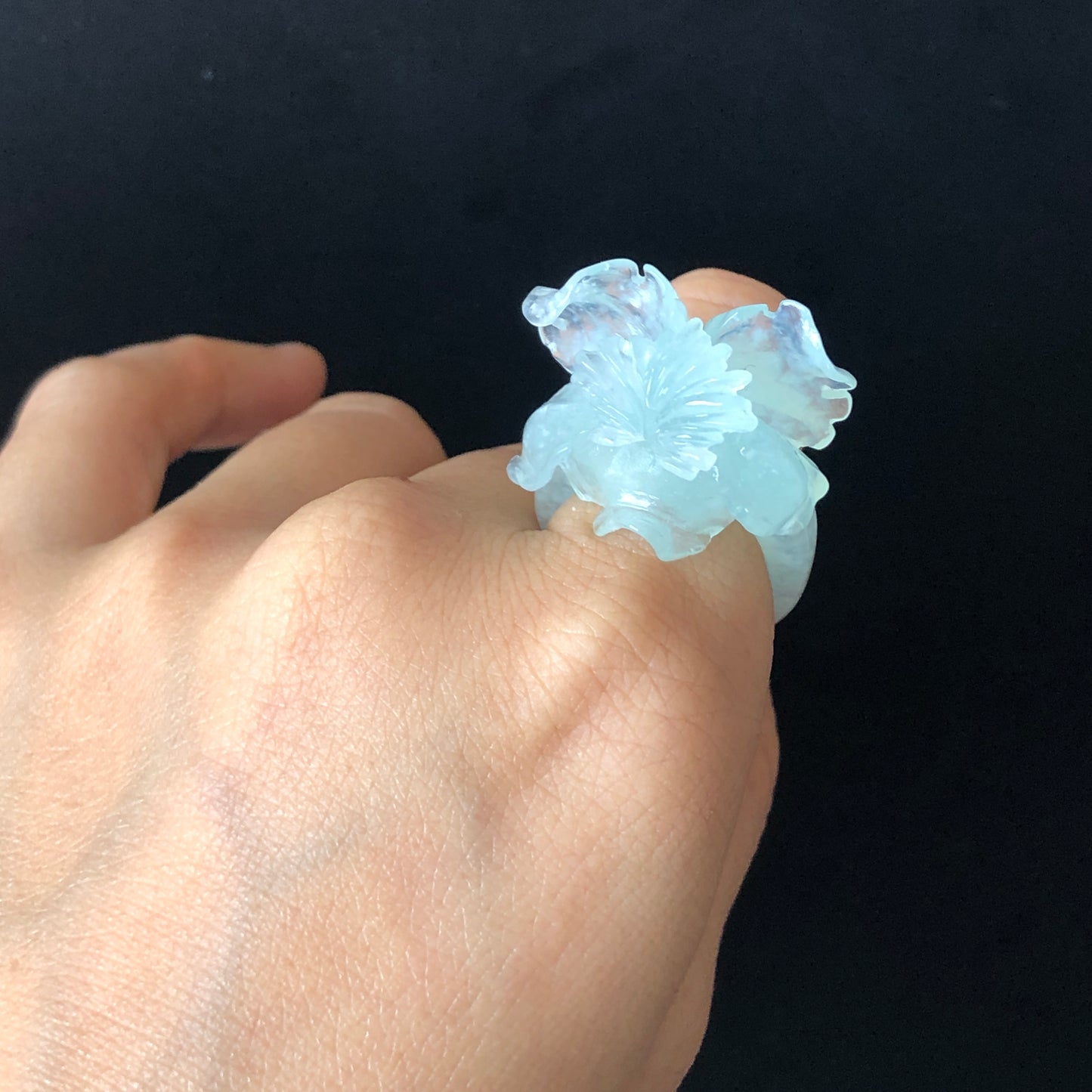 Natural Xiu Jade (Serpentine) Hand Carved Flower Iris Ring | Icy Translucent Blue | 17.6mm (US 7.5) | Blue Jade 3D Statement Ring for her