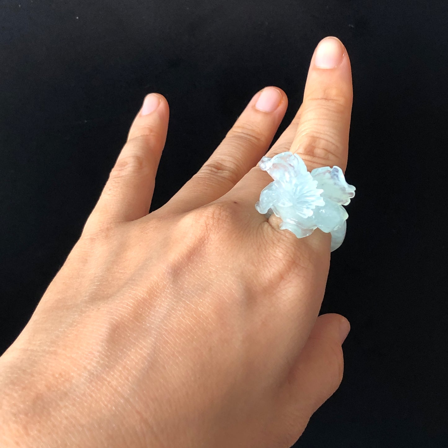 Natural Xiu Jade (Serpentine) Hand Carved Flower Iris Ring | Icy Translucent Blue | 17.6mm (US 7.5) | Blue Jade 3D Statement Ring for her