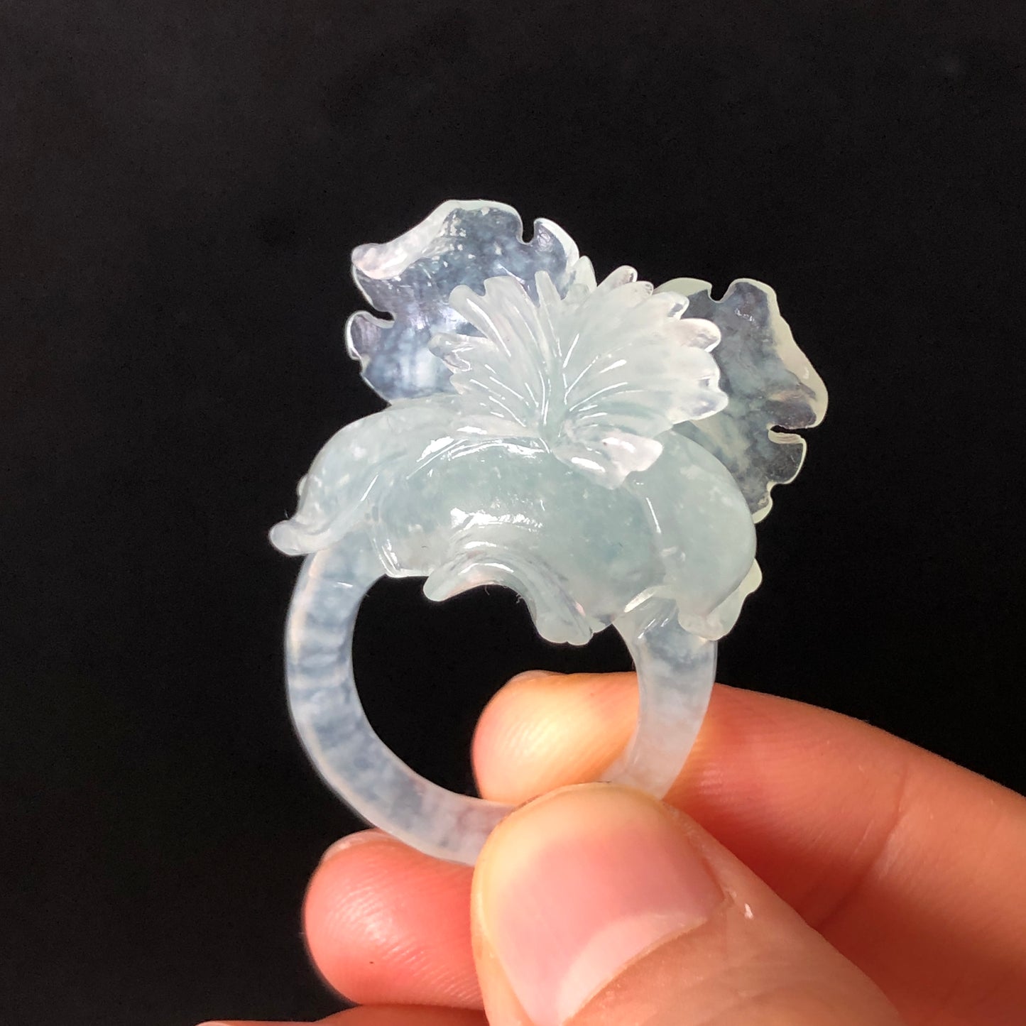 Natural Xiu Jade (Serpentine) Hand Carved Flower Iris Ring | Icy Translucent Blue | 17.6mm (US 7.5) | Blue Jade 3D Statement Ring for her