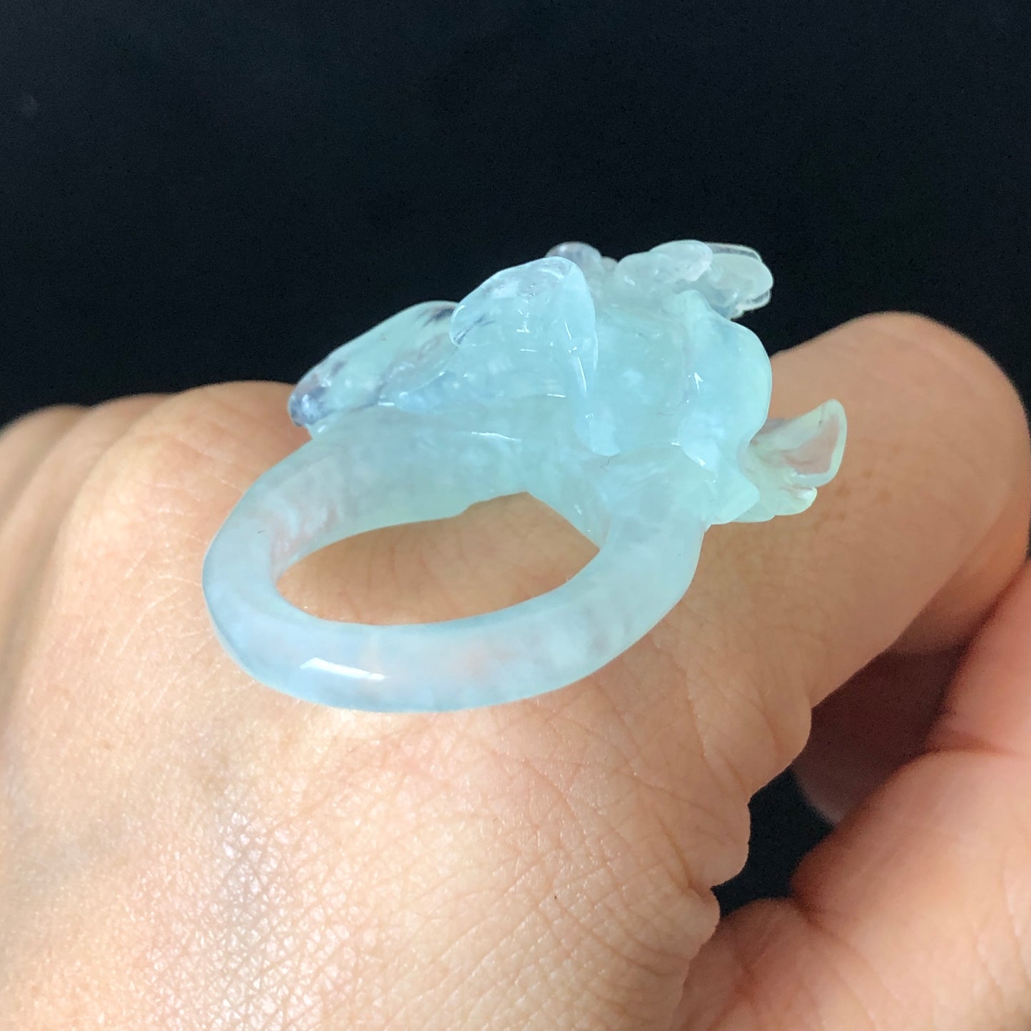 Natural Xiu Jade (Serpentine) Hand Carved Flower Iris Ring | Icy Translucent Blue | 17.6mm (US 7.5) | Blue Jade 3D Statement Ring for her