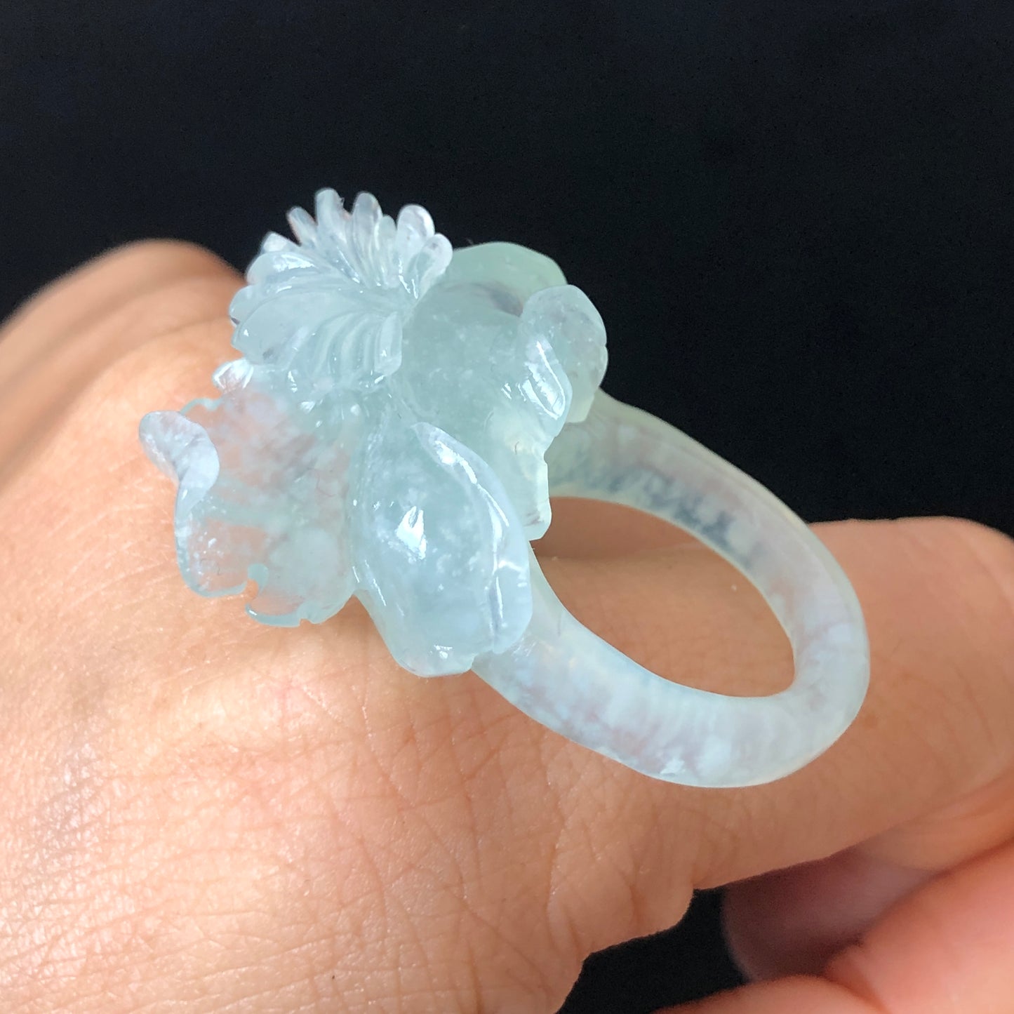 Natural Xiu Jade (Serpentine) Hand Carved Flower Iris Ring | Icy Translucent Blue | 17.6mm (US 7.5) | Blue Jade 3D Statement Ring for her