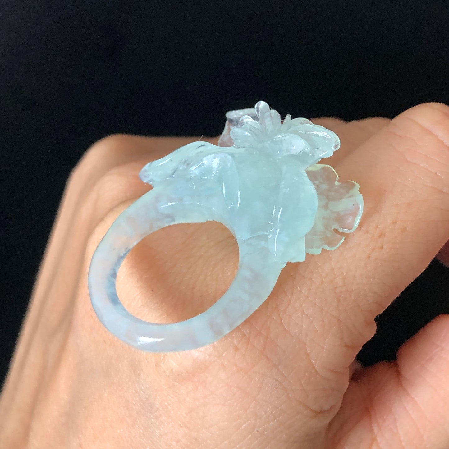 Natural Xiu Jade (Serpentine) Hand Carved Flower Iris Ring | Icy Translucent Blue | 17.6mm (US 7.5) | Blue Jade 3D Statement Ring for her