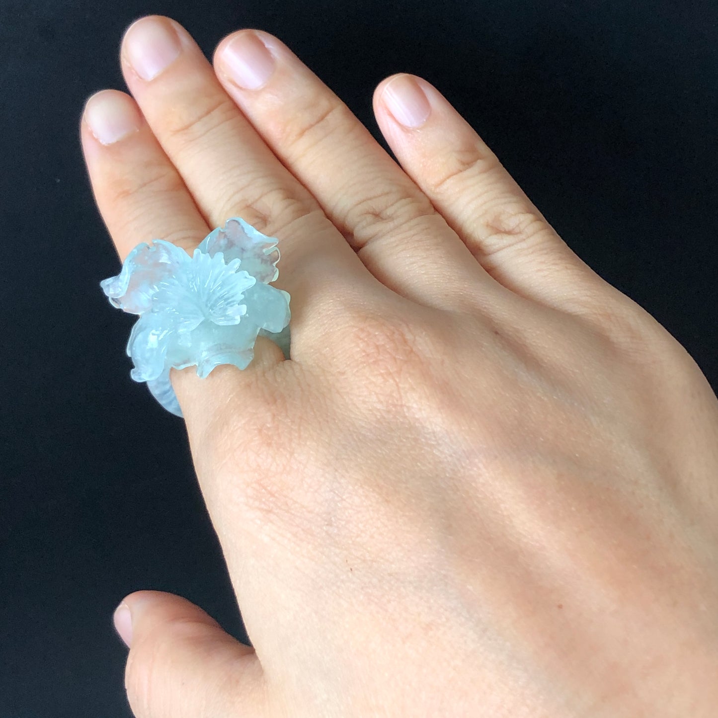 Natural Xiu Jade (Serpentine) Hand Carved Flower Iris Ring | Icy Translucent Blue | 17.6mm (US 7.5) | Blue Jade 3D Statement Ring for her