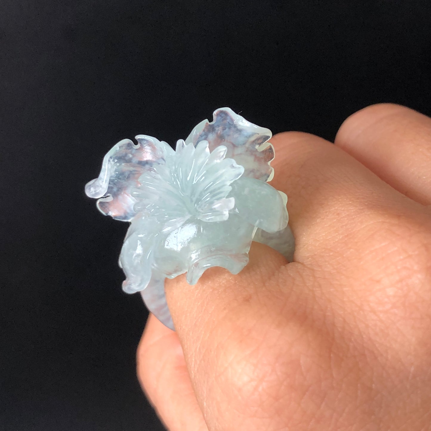Natural Xiu Jade (Serpentine) Hand Carved Flower Iris Ring | Icy Translucent Blue | 17.6mm (US 7.5) | Blue Jade 3D Statement Ring for her