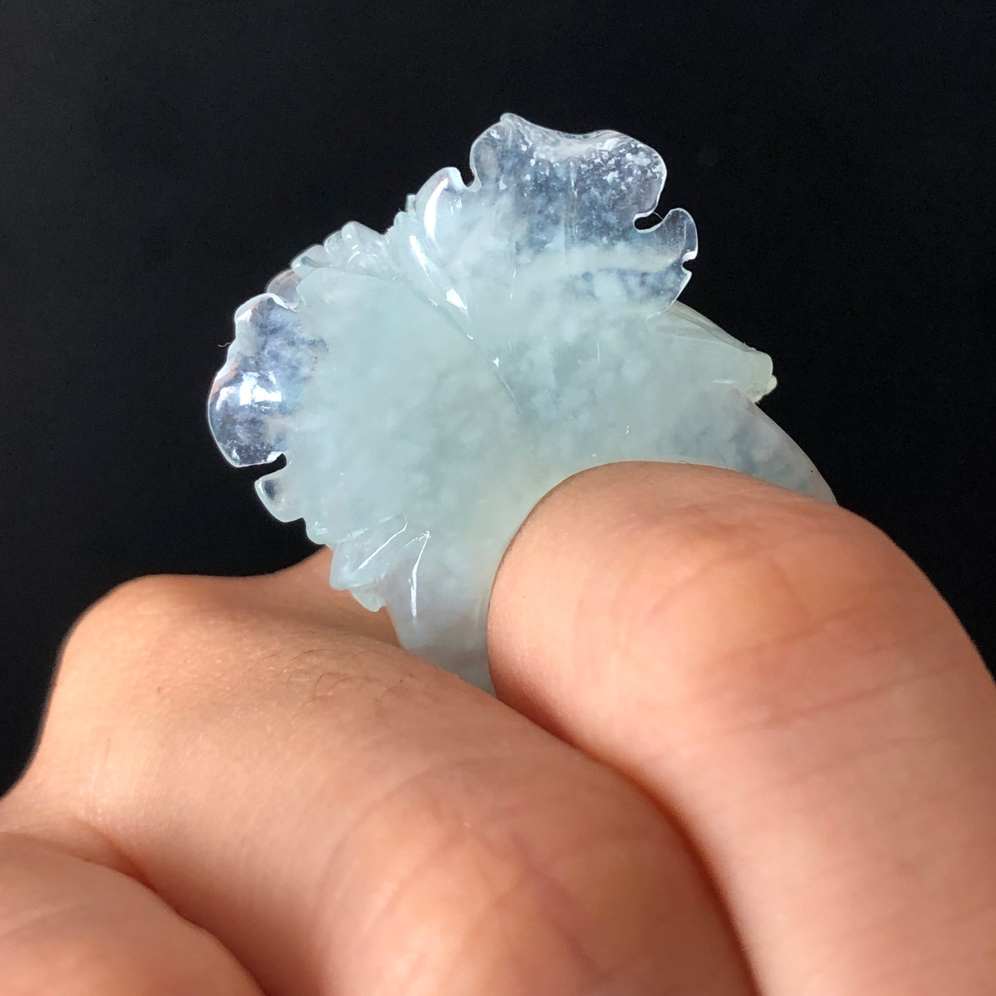 Natural Xiu Jade (Serpentine) Hand Carved Flower Iris Ring | Icy Translucent Blue | 17.6mm (US 7.5) | Blue Jade 3D Statement Ring for her
