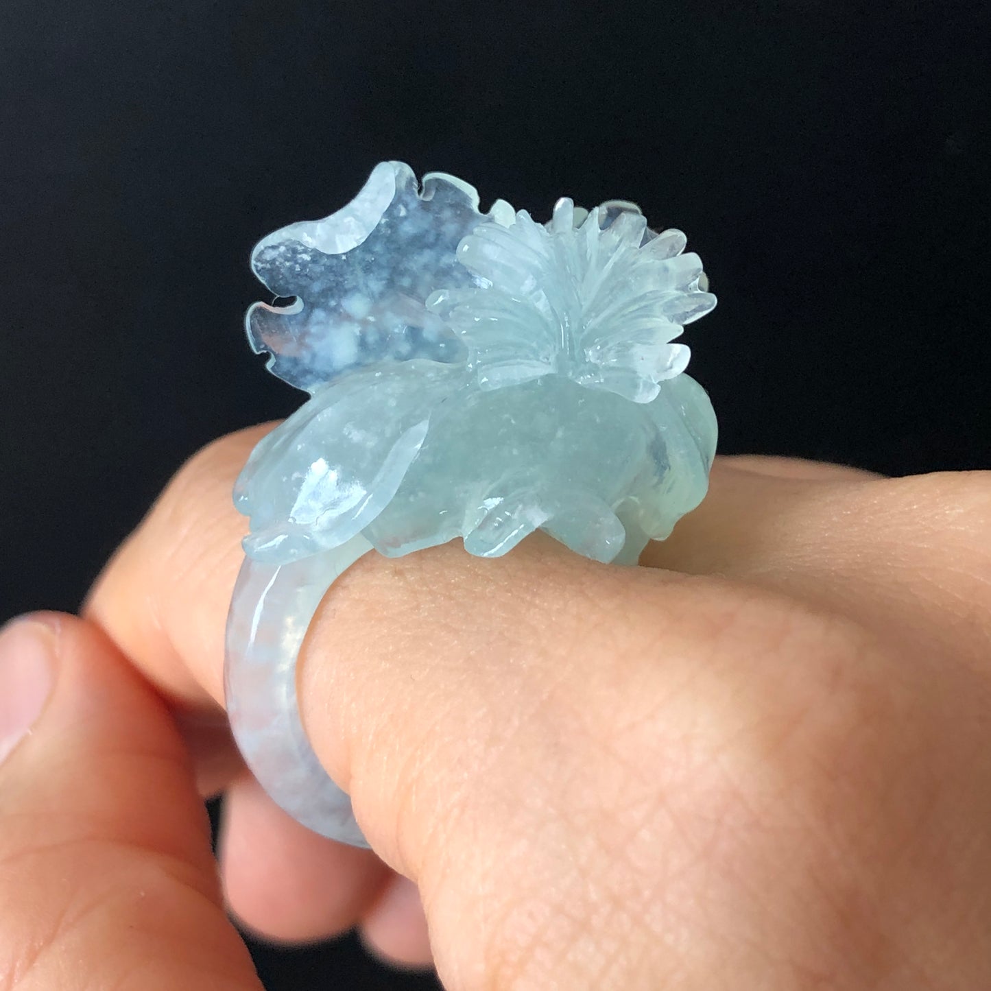 Natural Xiu Jade (Serpentine) Hand Carved Flower Iris Ring | Icy Translucent Blue | 17.6mm (US 7.5) | Blue Jade 3D Statement Ring for her