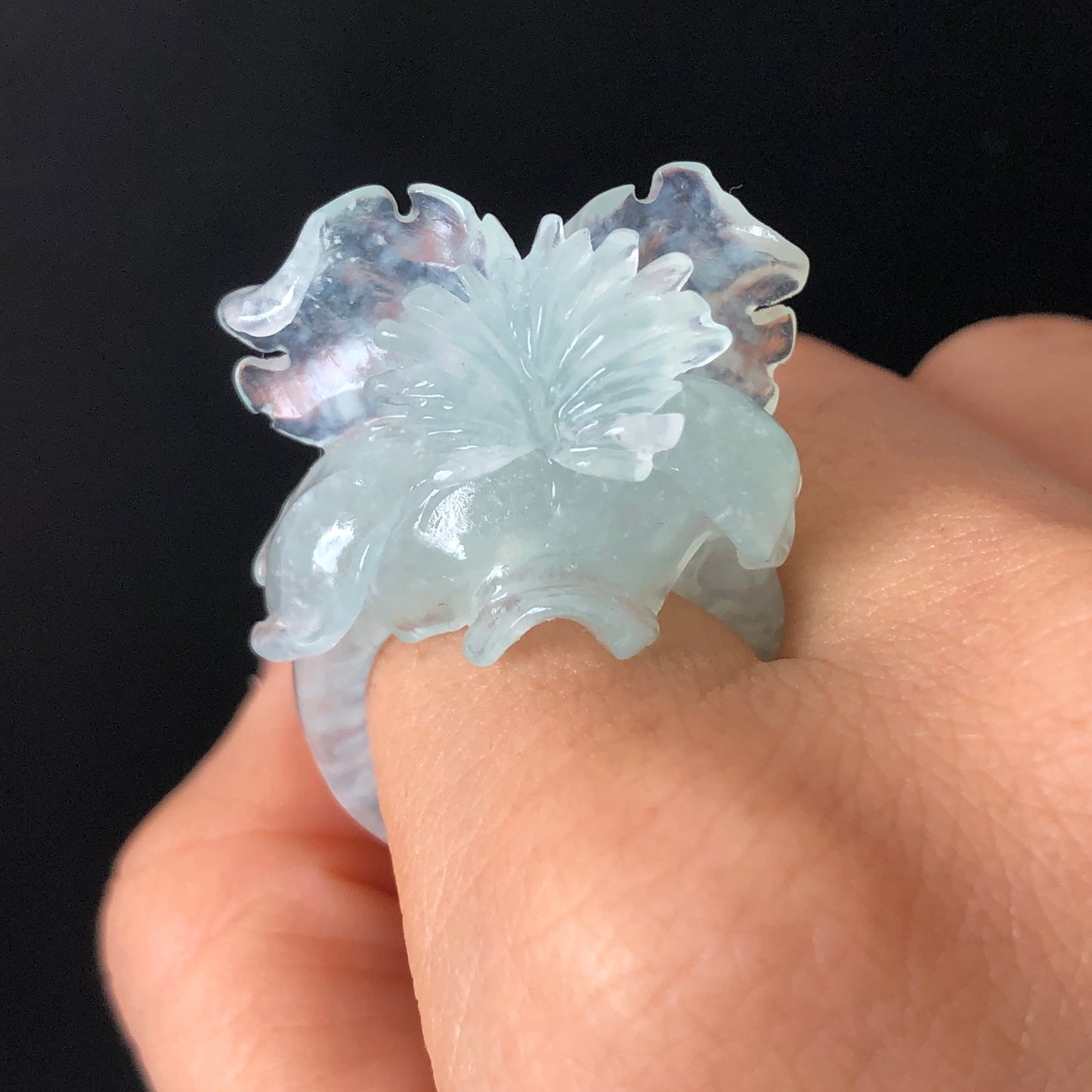 Natural Xiu Jade (Serpentine) Hand Carved Flower Iris Ring | Icy Translucent Blue | 17.6mm (US 7.5) | Blue Jade 3D Statement Ring for her