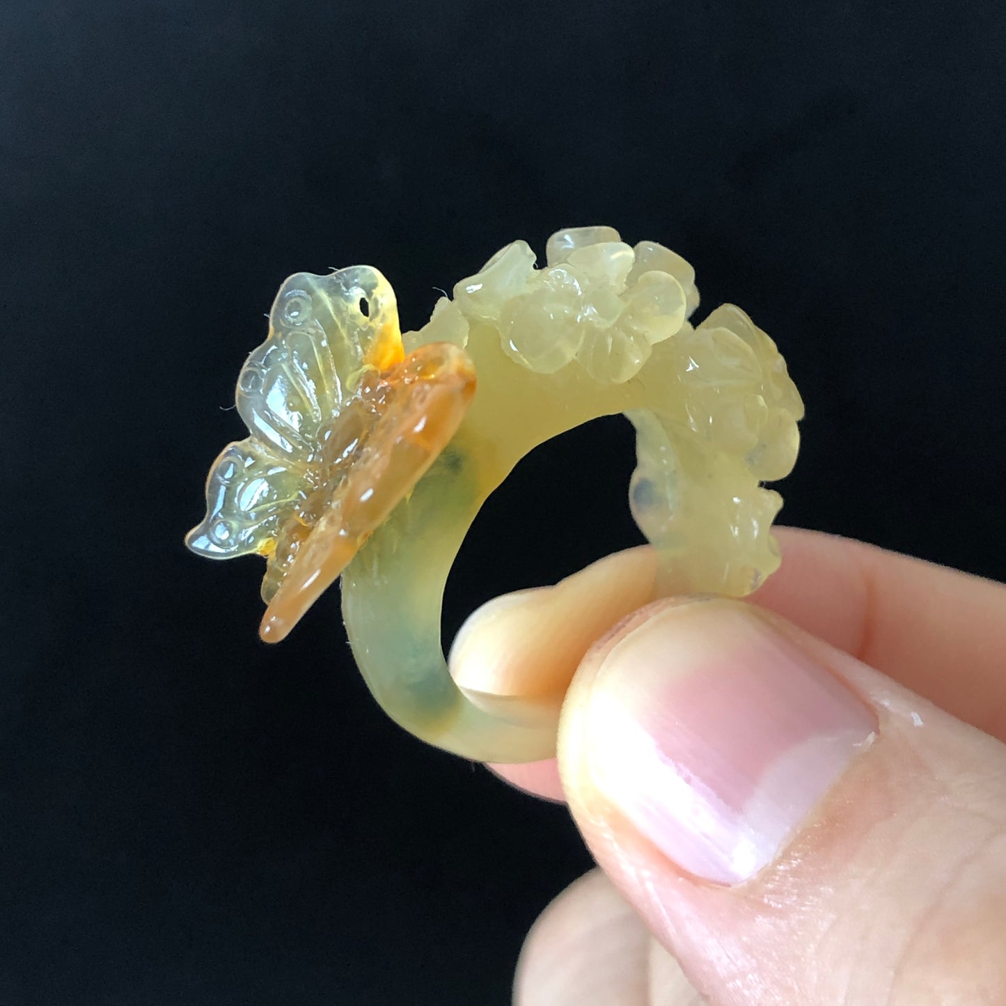 Natural Xiu Jade Hand Craved Flower with Butterfly Ring | 17.1mm (US 7) | Yellow, Caramel & Green Jade