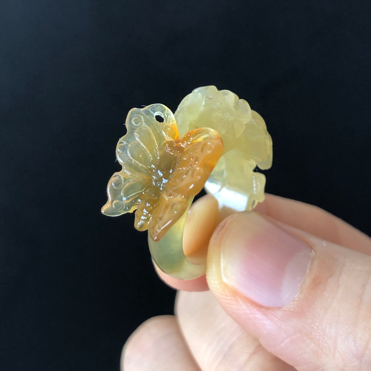 Natural Xiu Jade Hand Craved Flower with Butterfly Ring | 17.1mm (US 7) | Yellow, Caramel & Green Jade