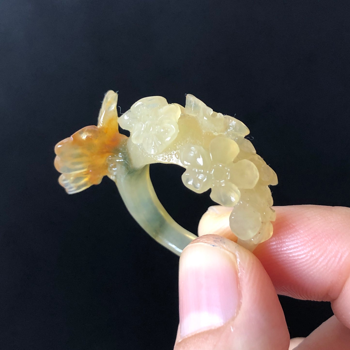 Natural Xiu Jade Hand Craved Flower with Butterfly Ring | 17.1mm (US 7) | Yellow, Caramel & Green Jade
