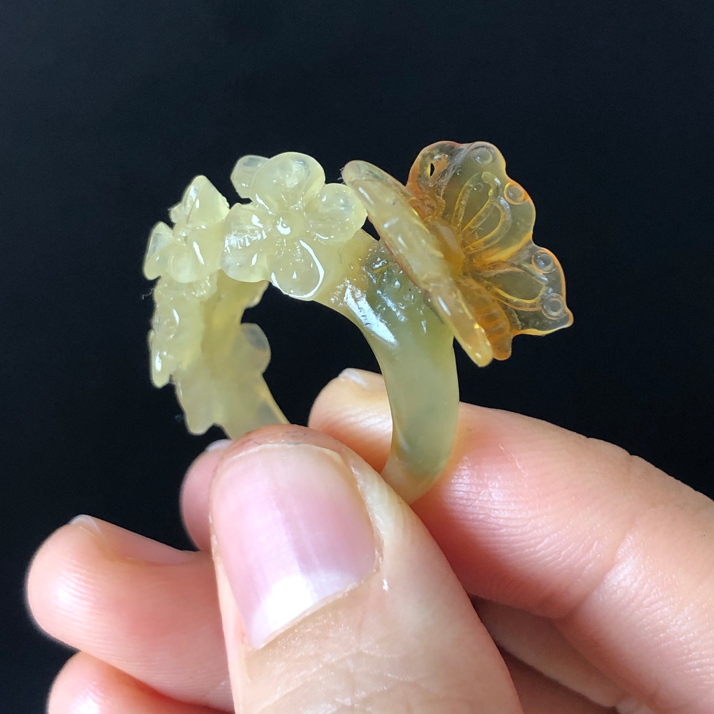 Natural Xiu Jade Hand Craved Flower with Butterfly Ring | 17.1mm (US 7) | Yellow, Caramel & Green Jade