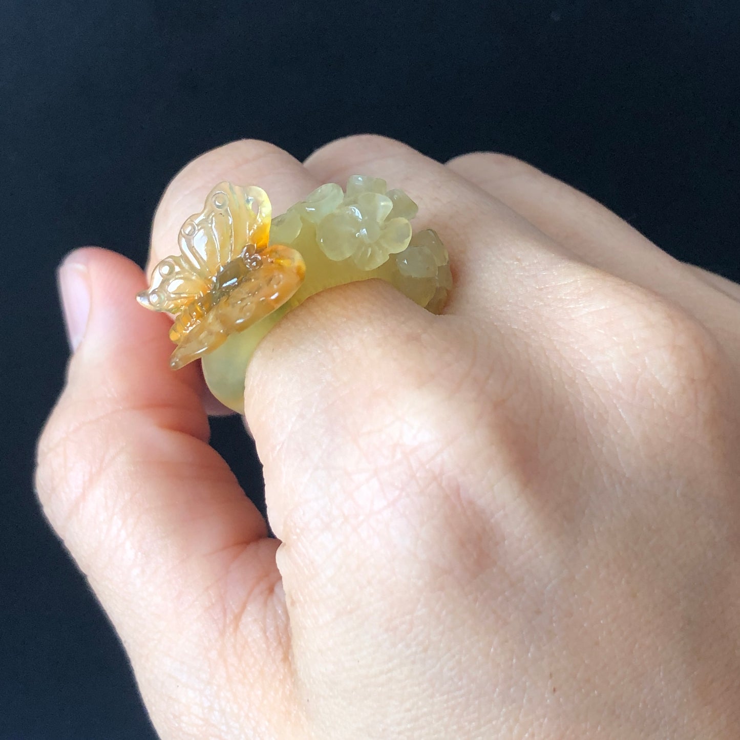 Natural Xiu Jade Hand Craved Flower with Butterfly Ring | 17.1mm (US 7) | Yellow, Caramel & Green Jade