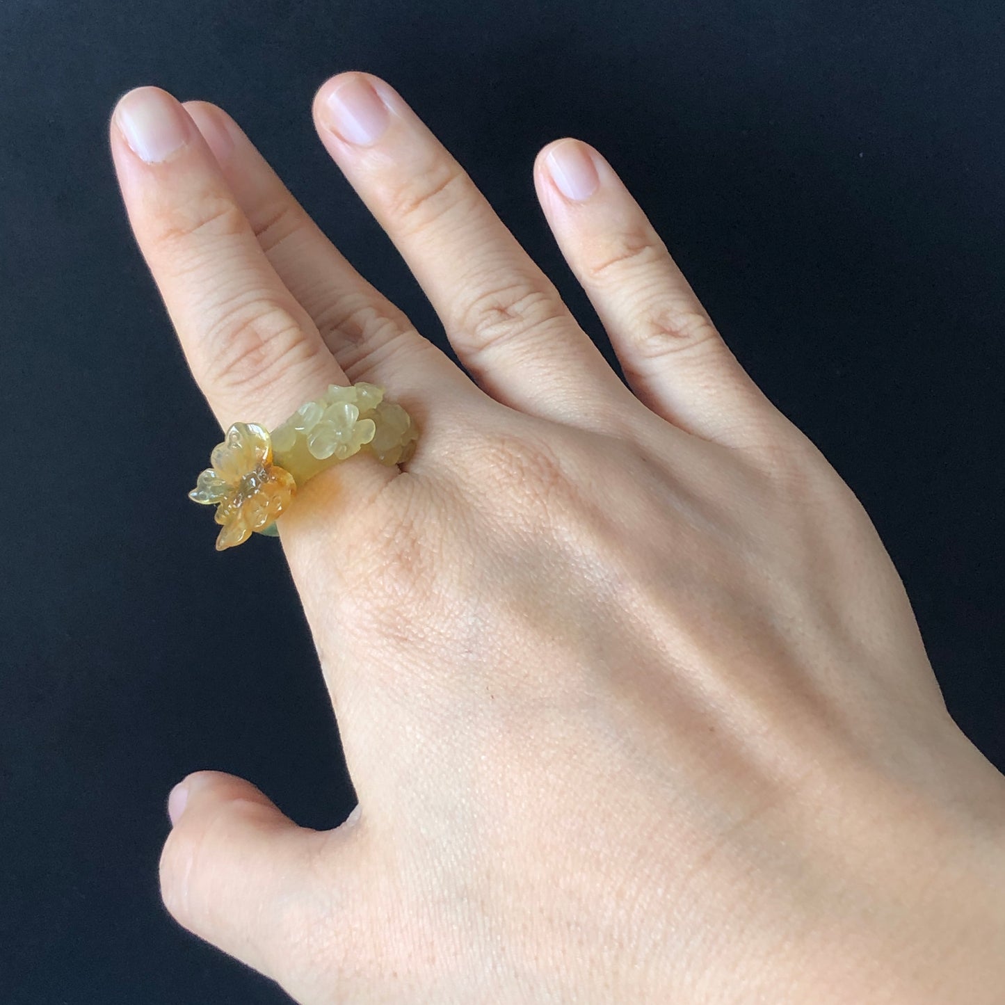 Natural Xiu Jade Hand Craved Flower with Butterfly Ring | 17.1mm (US 7) | Yellow, Caramel & Green Jade