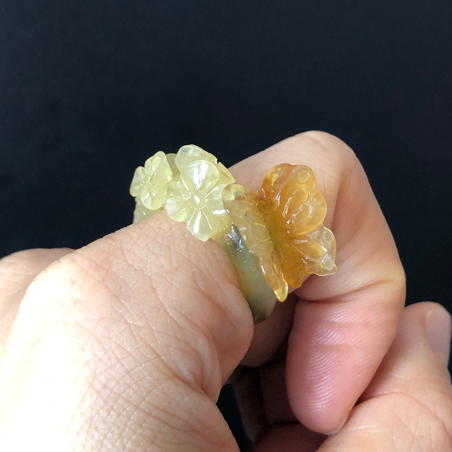 Natural Xiu Jade Hand Craved Flower with Butterfly Ring | 17.1mm (US 7) | Yellow, Caramel & Green Jade