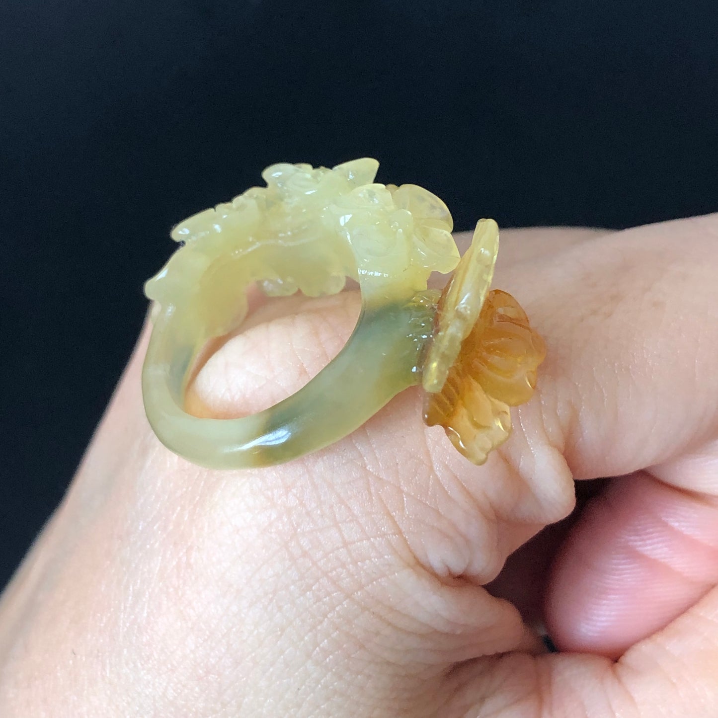 Natural Xiu Jade Hand Craved Flower with Butterfly Ring | 17.1mm (US 7) | Yellow, Caramel & Green Jade