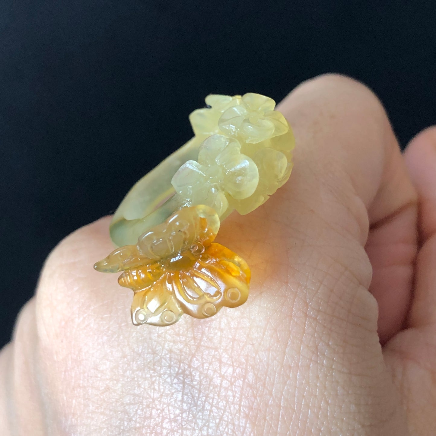 Natural Xiu Jade Hand Craved Flower with Butterfly Ring | 17.1mm (US 7) | Yellow, Caramel & Green Jade