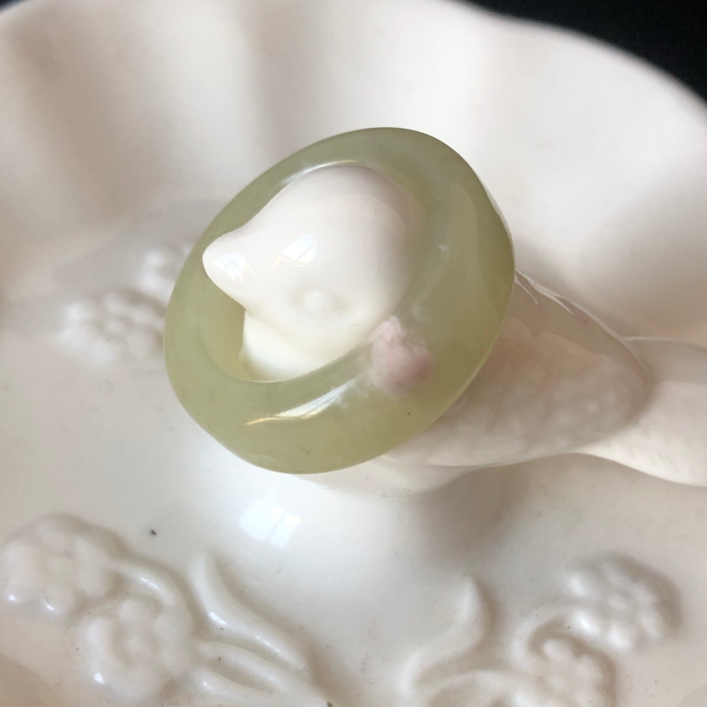 Rare-found Natural Pink Hetian Jade Nephrite Ring | 17.9mm (US 7.5-8) | Yellowish Green Jade with Pink Petals