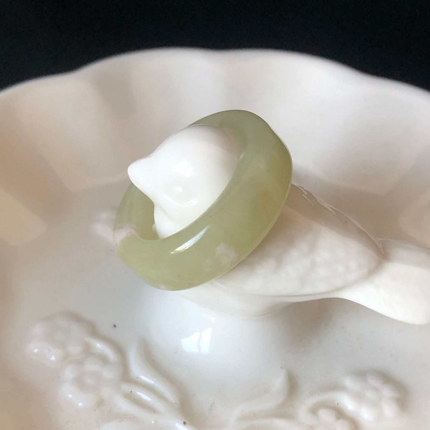 Rare-found Natural Pink Hetian Jade Nephrite Ring | 17.9mm (US 7.5-8) | Yellowish Green Jade with Pink Petals