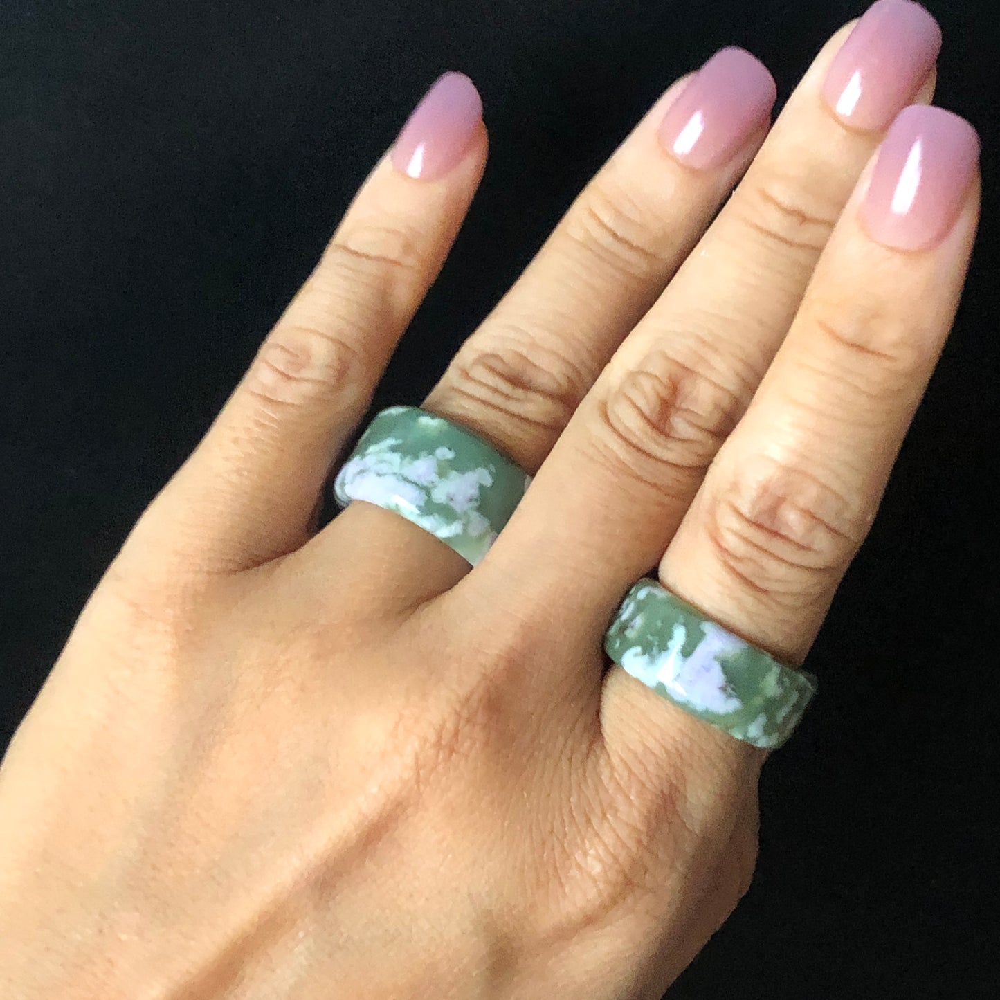 Natural Hetian Jade (Nephrite) Band Ring US 6.5 | Untreated Green Jade with White & Purple Flower Pattern | Wisteria Flowers