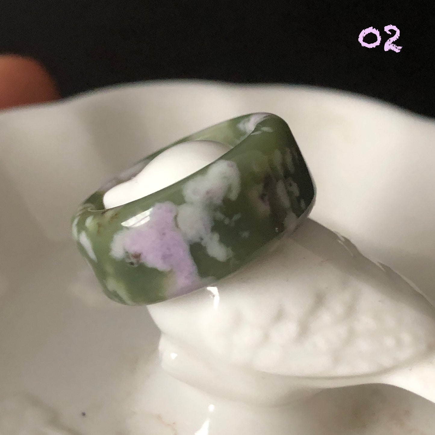 Natural Hetian Jade (Nephrite) Band Ring US 6.5 | Untreated Green Jade with White & Purple Flower Pattern | Wisteria Flowers