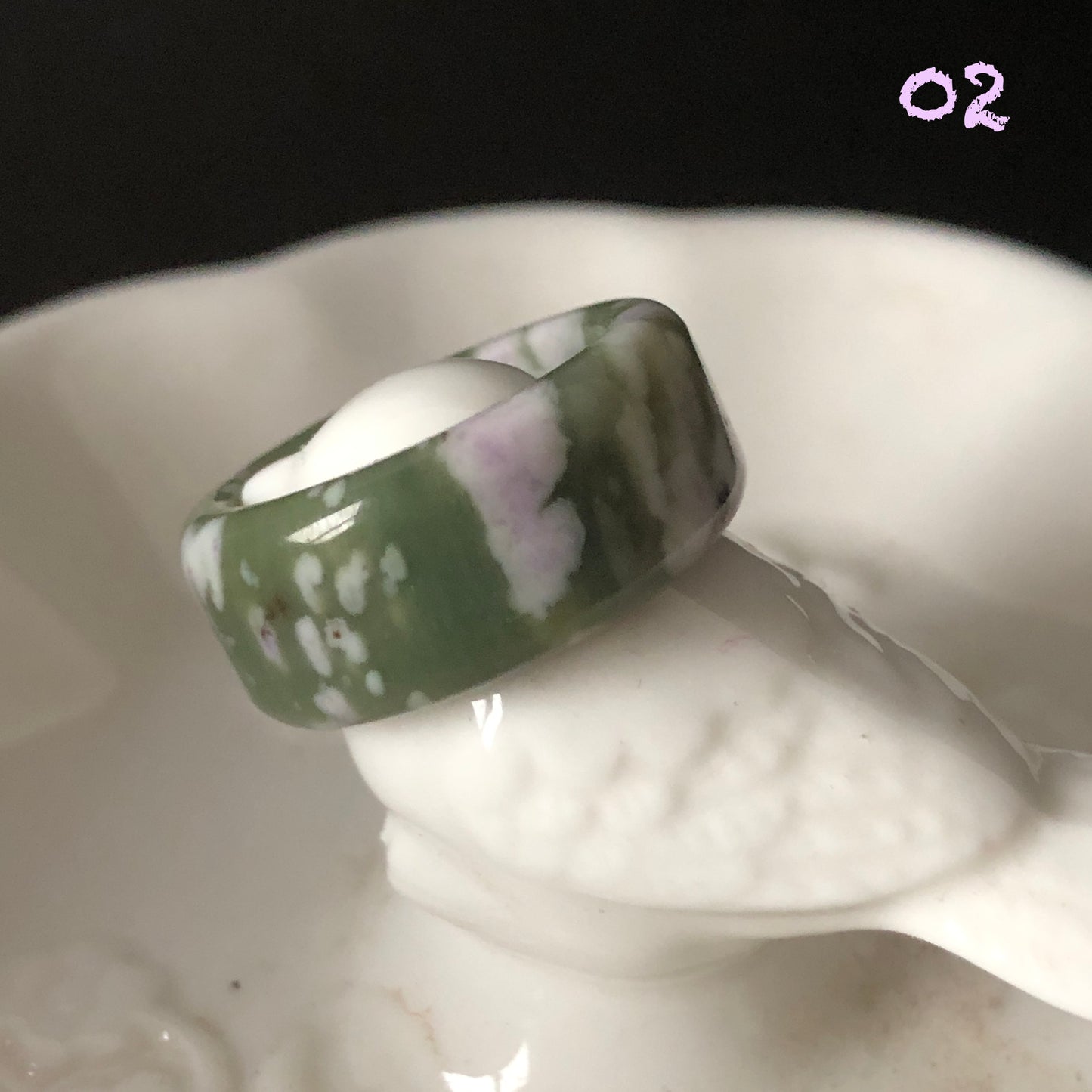 Natural Hetian Jade (Nephrite) Band Ring US 6.5 | Untreated Green Jade with White & Purple Flower Pattern | Wisteria Flowers