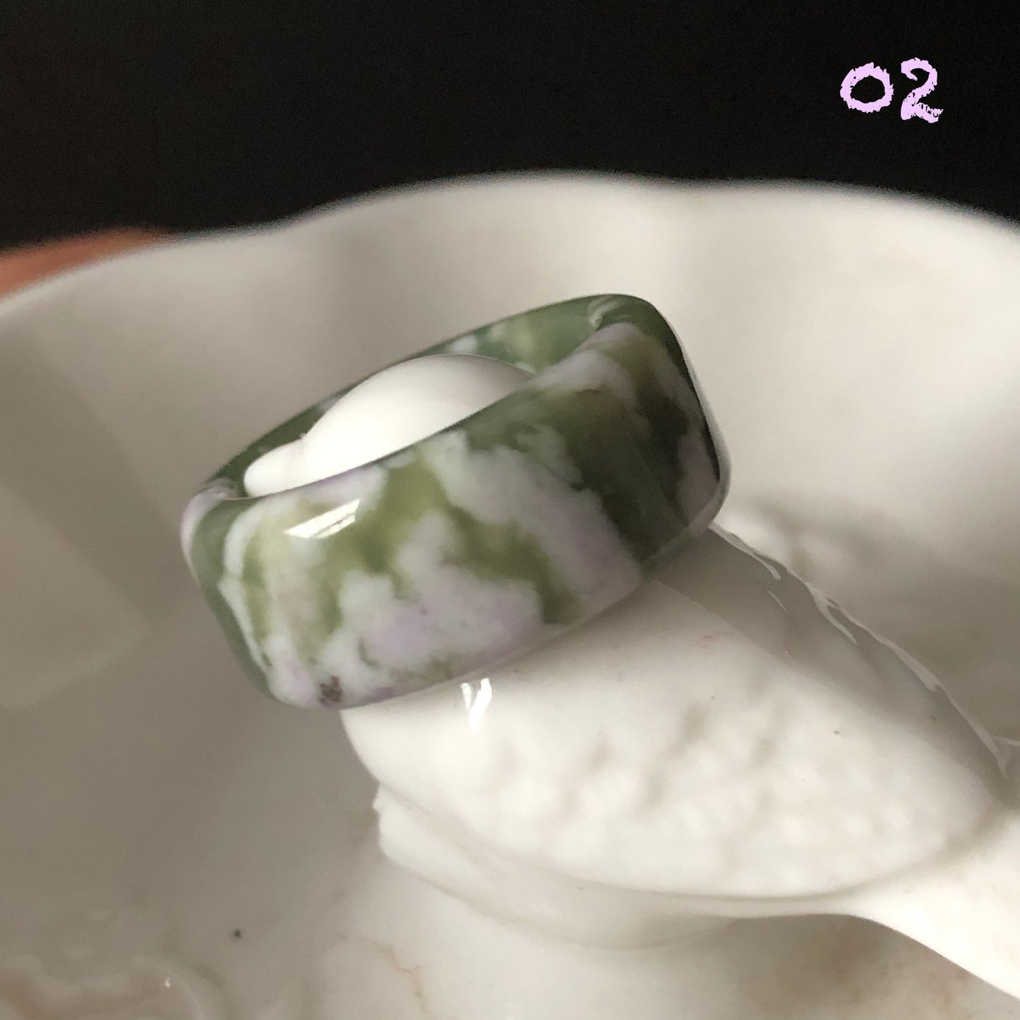 Natural Hetian Jade (Nephrite) Band Ring US 6.5 | Untreated Green Jade with White & Purple Flower Pattern | Wisteria Flowers