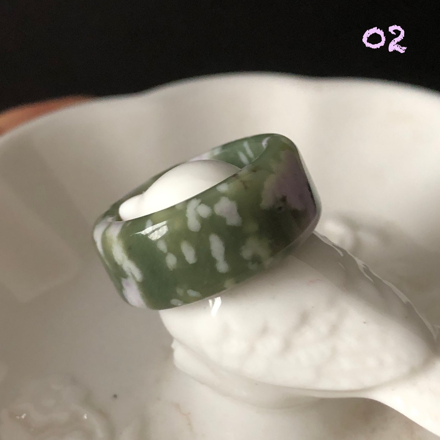 Natural Hetian Jade (Nephrite) Band Ring US 6.5 | Untreated Green Jade with White & Purple Flower Pattern | Wisteria Flowers