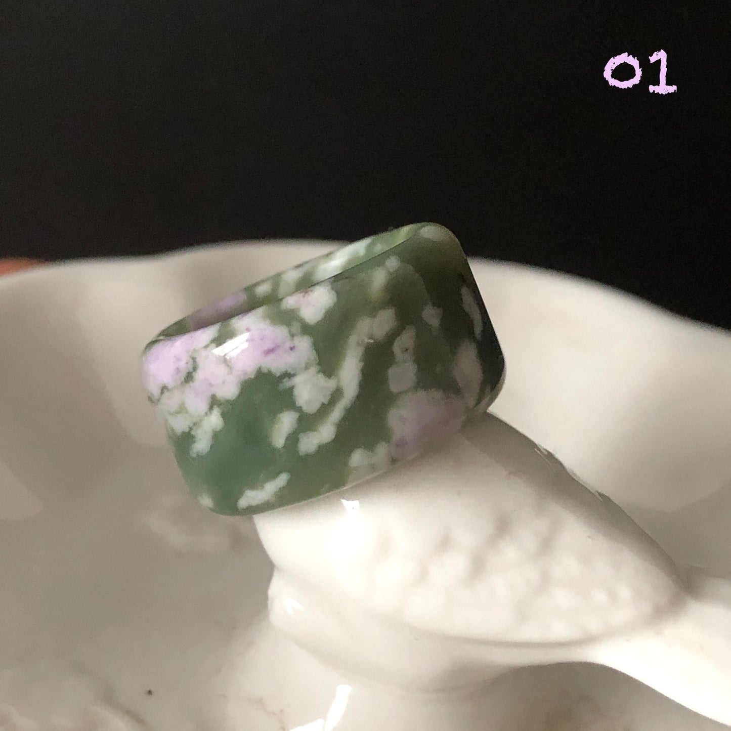 Natural Hetian Jade (Nephrite) Band Ring US 6.5 | Untreated Green Jade with White & Purple Flower Pattern | Wisteria Flowers
