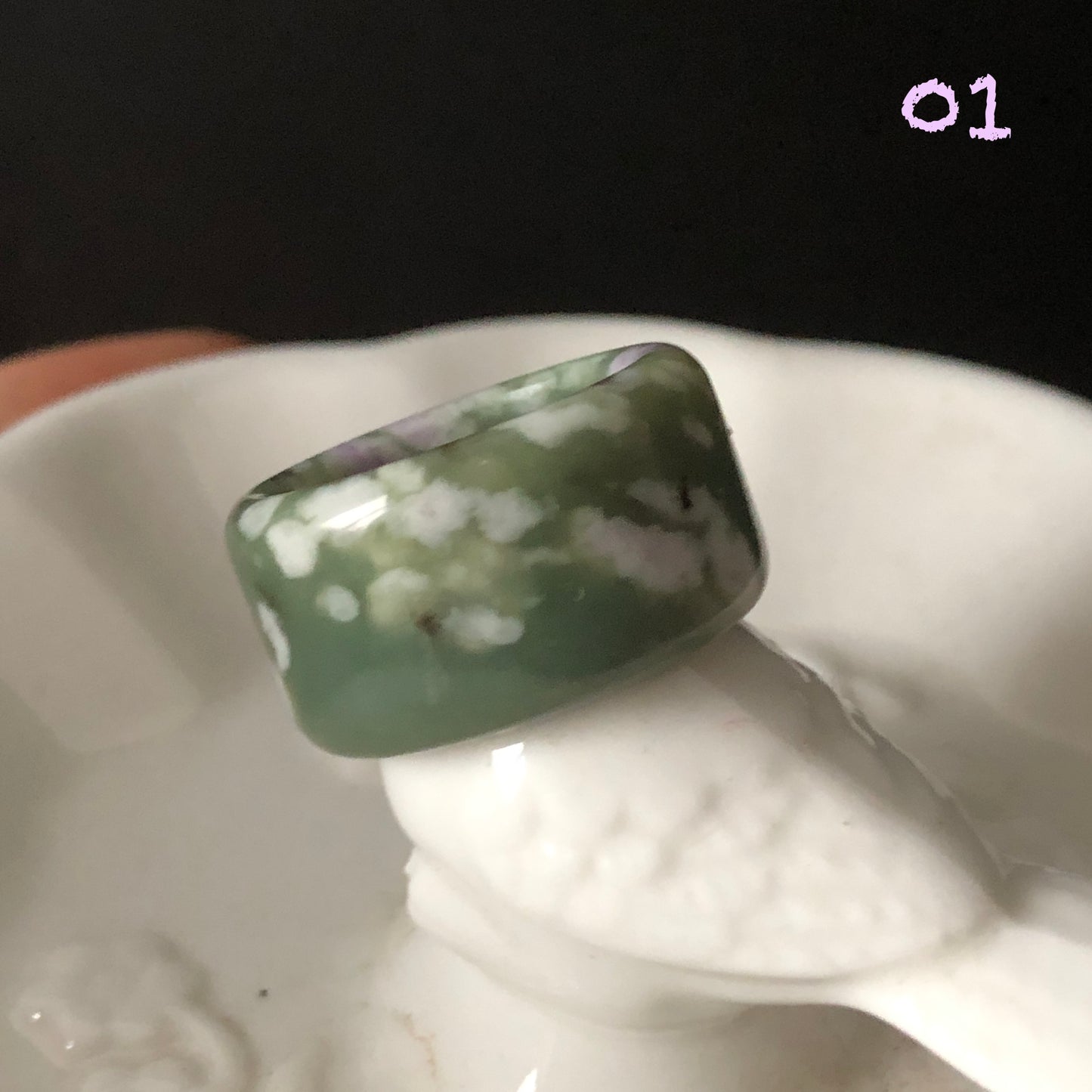 Natural Hetian Jade (Nephrite) Band Ring US 6.5 | Untreated Green Jade with White & Purple Flower Pattern | Wisteria Flowers