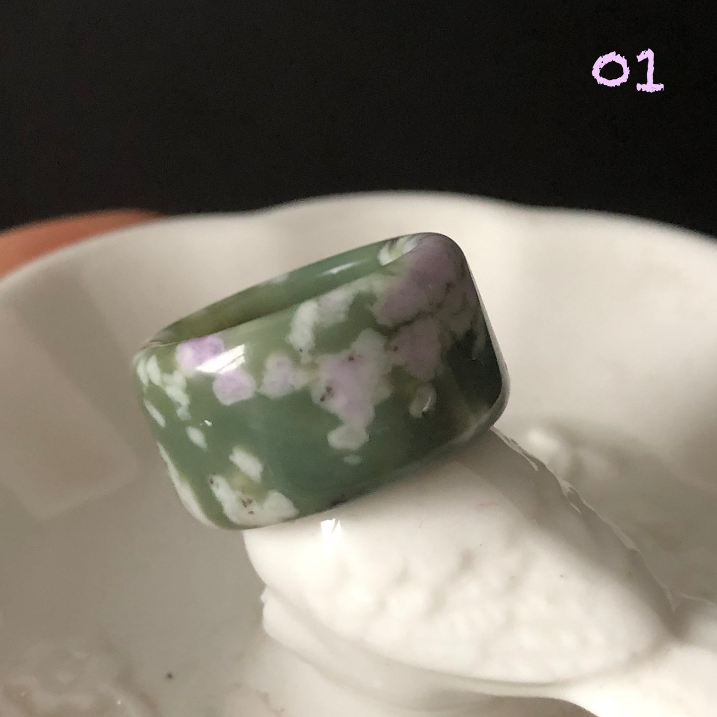 Natural Hetian Jade (Nephrite) Band Ring US 6.5 | Untreated Green Jade with White & Purple Flower Pattern | Wisteria Flowers