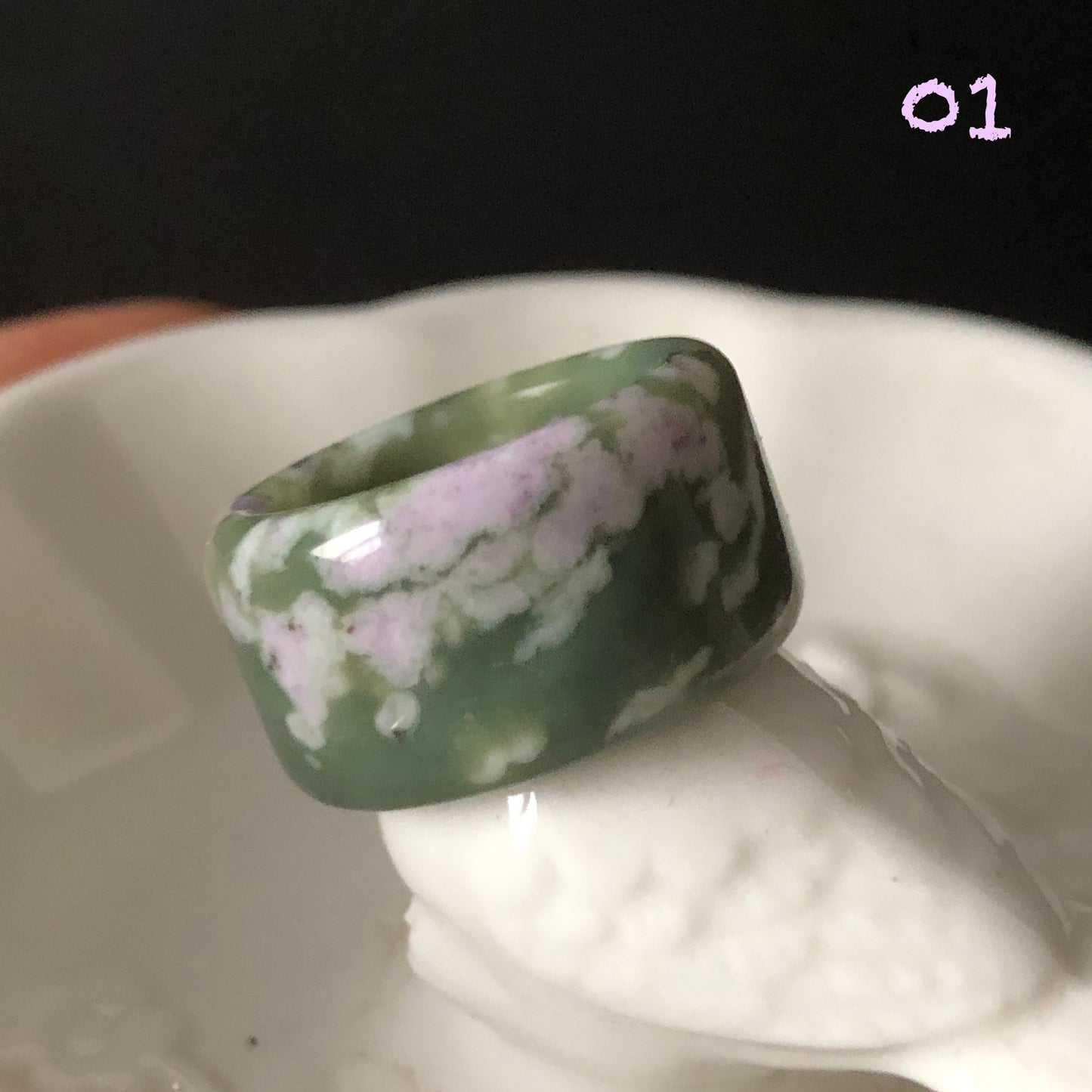Natural Hetian Jade (Nephrite) Band Ring US 6.5 | Untreated Green Jade with White & Purple Flower Pattern | Wisteria Flowers