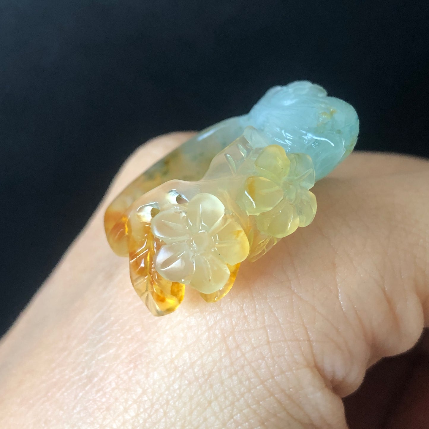 Natural Xiu Jade Hand Carved Bird and Flower Ring | 16.3mm (US 5.75) | Multi-colour