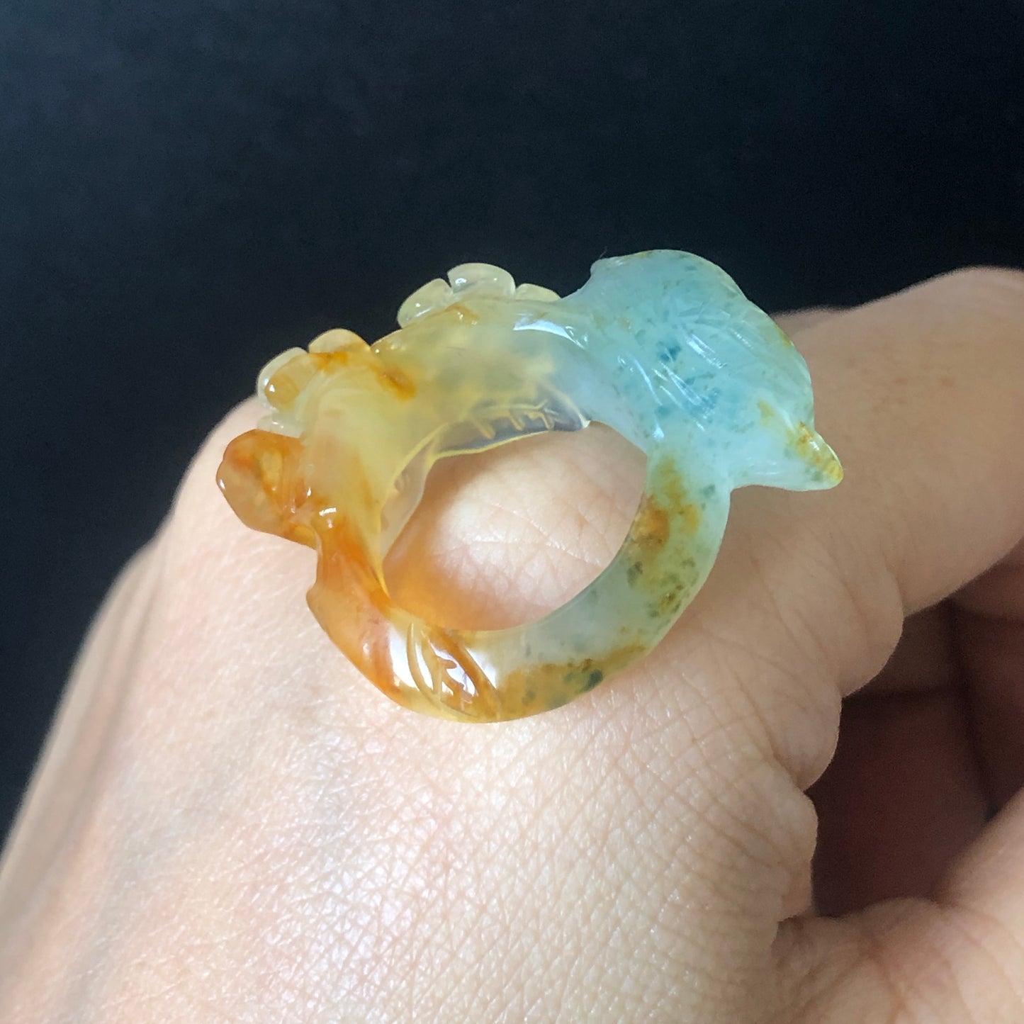 Natural Xiu Jade Hand Carved Bird and Flower Ring | 16.3mm (US 5.75) | Multi-colour
