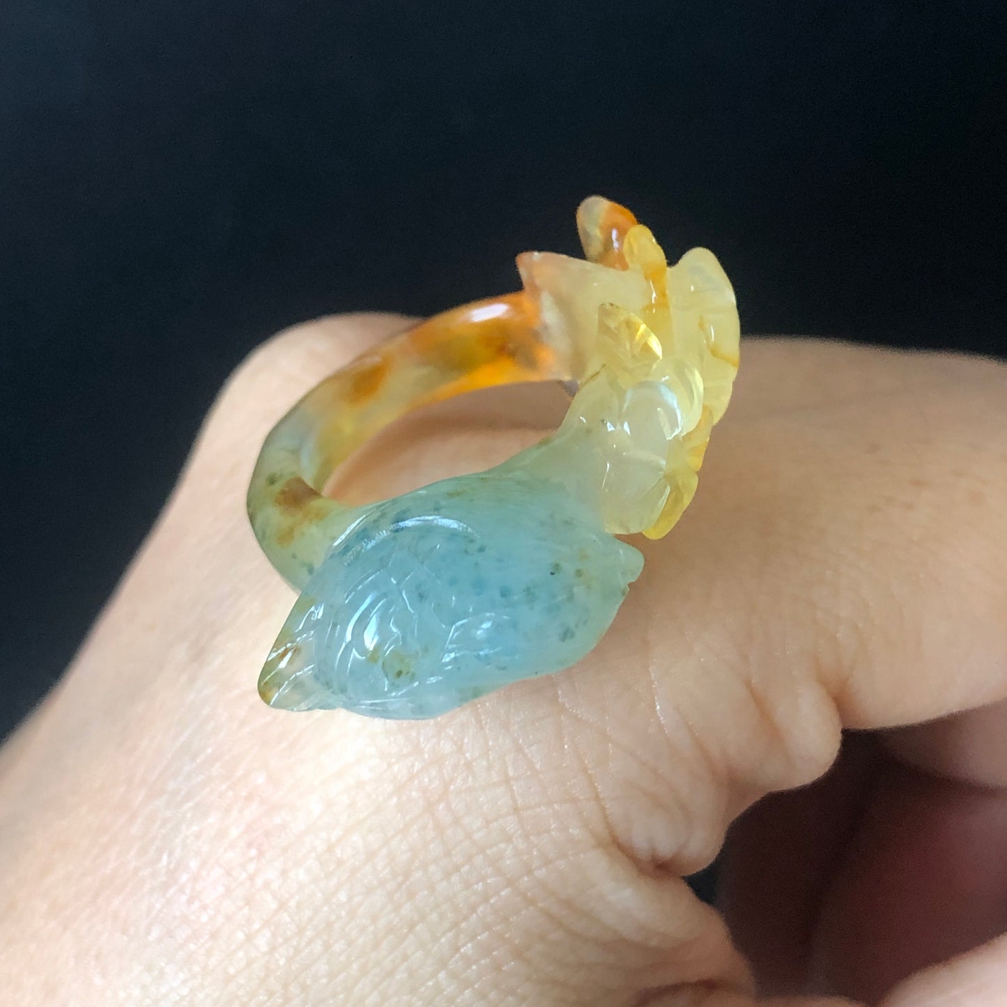 Natural Xiu Jade Hand Carved Bird and Flower Ring | 16.3mm (US 5.75) | Multi-colour