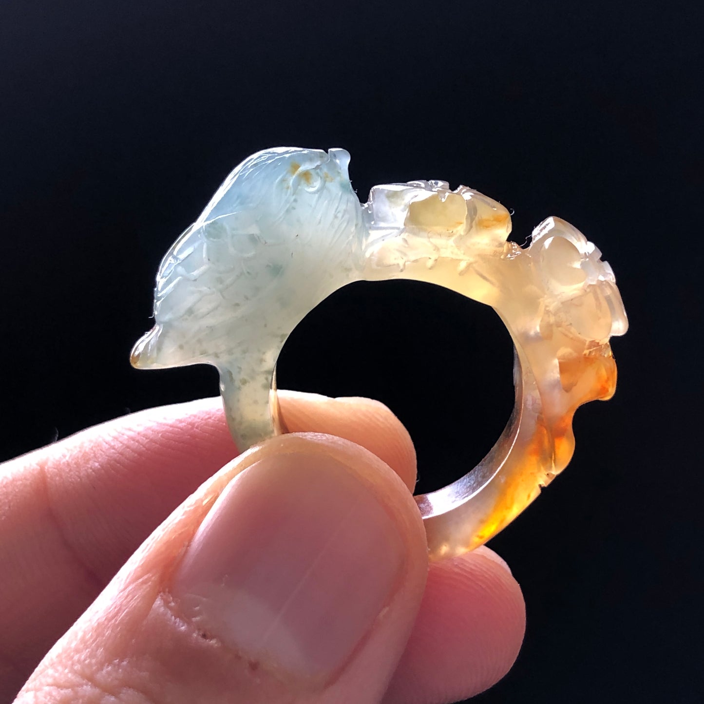 Natural Xiu Jade Hand Carved Bird and Flower Ring | 16.3mm (US 5.75) | Multi-colour