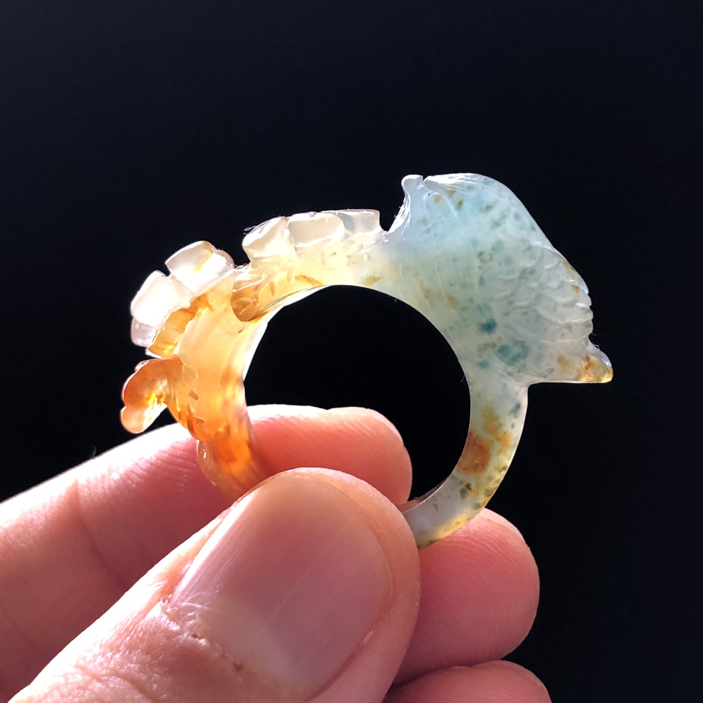 Natural Xiu Jade Hand Carved Bird and Flower Ring | 16.3mm (US 5.75) | Multi-colour