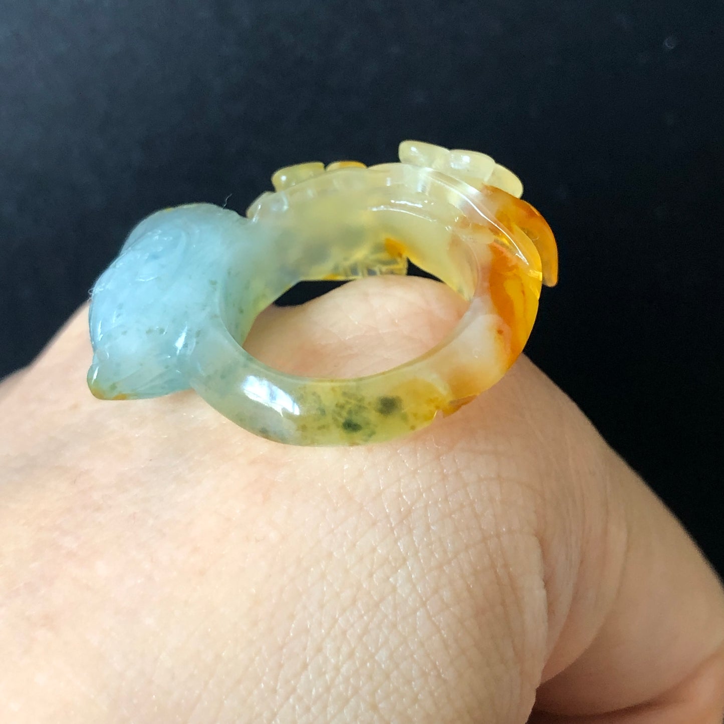 Natural Xiu Jade Hand Carved Bird and Flower Ring | 16.3mm (US 5.75) | Multi-colour