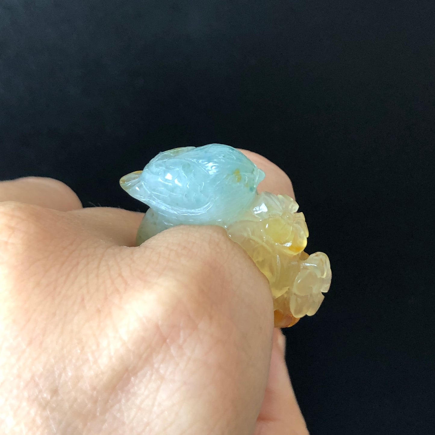 Natural Xiu Jade Hand Carved Bird and Flower Ring | 16.3mm (US 5.75) | Multi-colour
