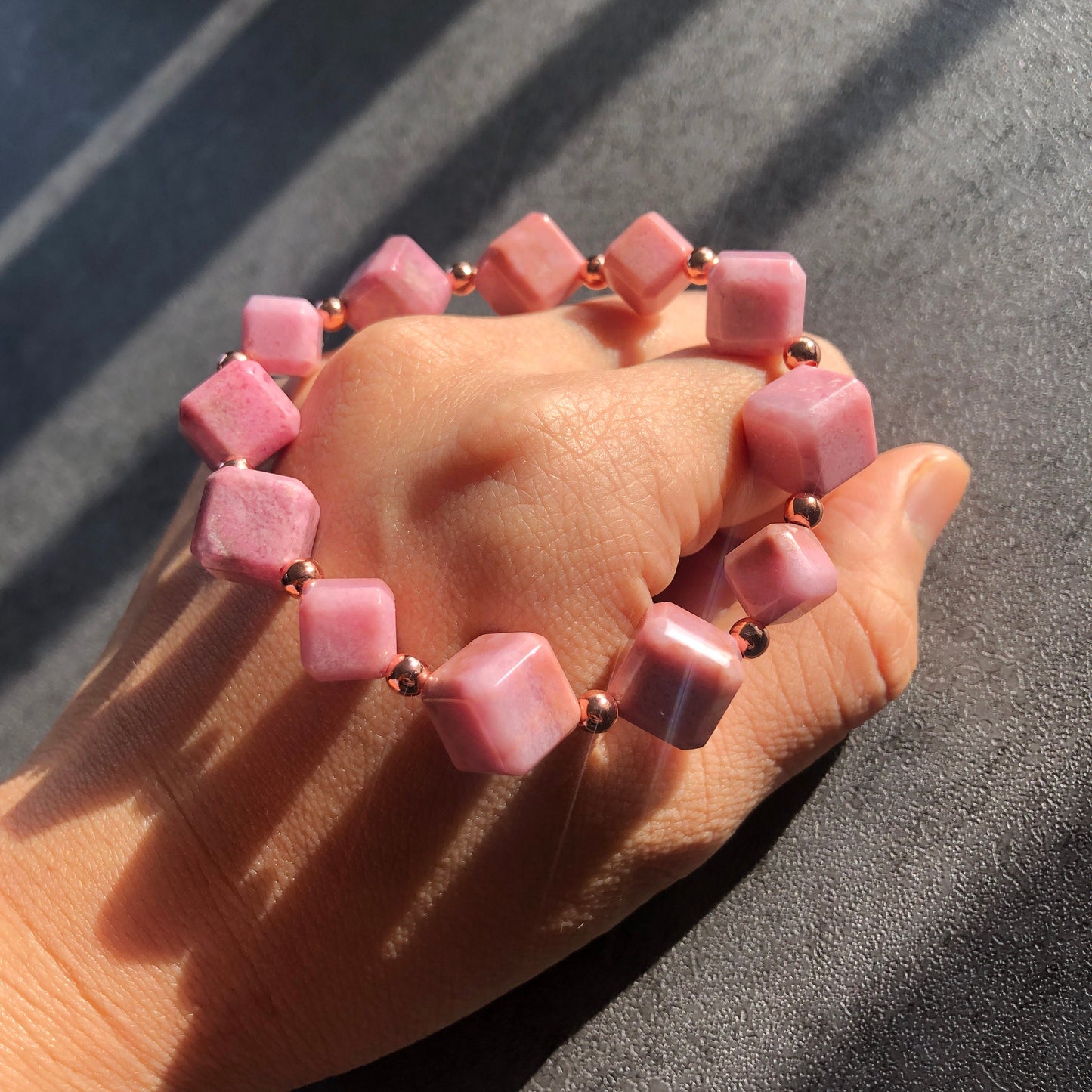 Natural Pink Rhodonite Crystal Bracelet | Cube Bead Stretch Bracelets | Baby Pink Raw Stone Bracelet | Rhodonite Jewelry | Healing Stone