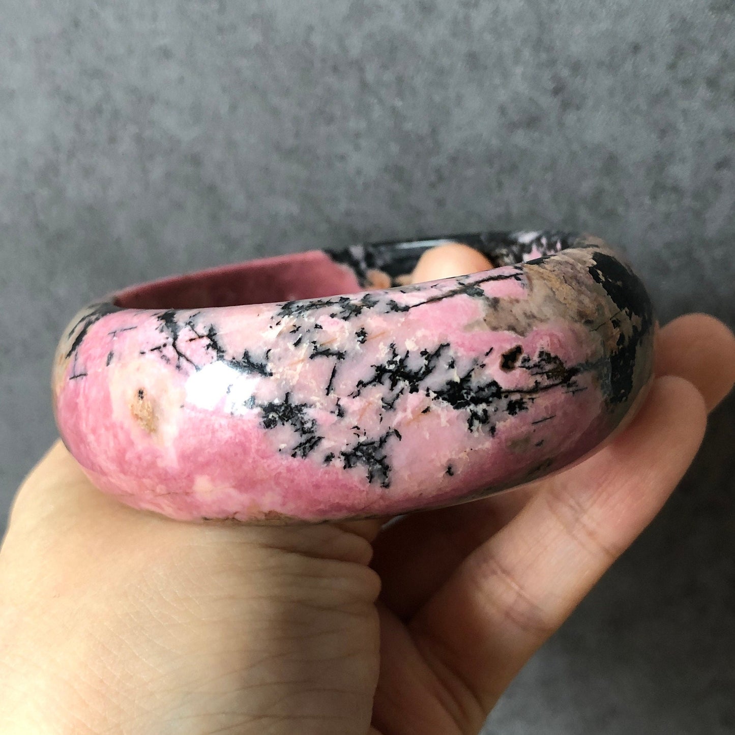 58.5mm Premium Rhodonite Stone Bangle bracelet | Rosy Pink, Porcelain Blue | Gallery of Impressionism | Crystal Gemstone Rock Bangle Gift