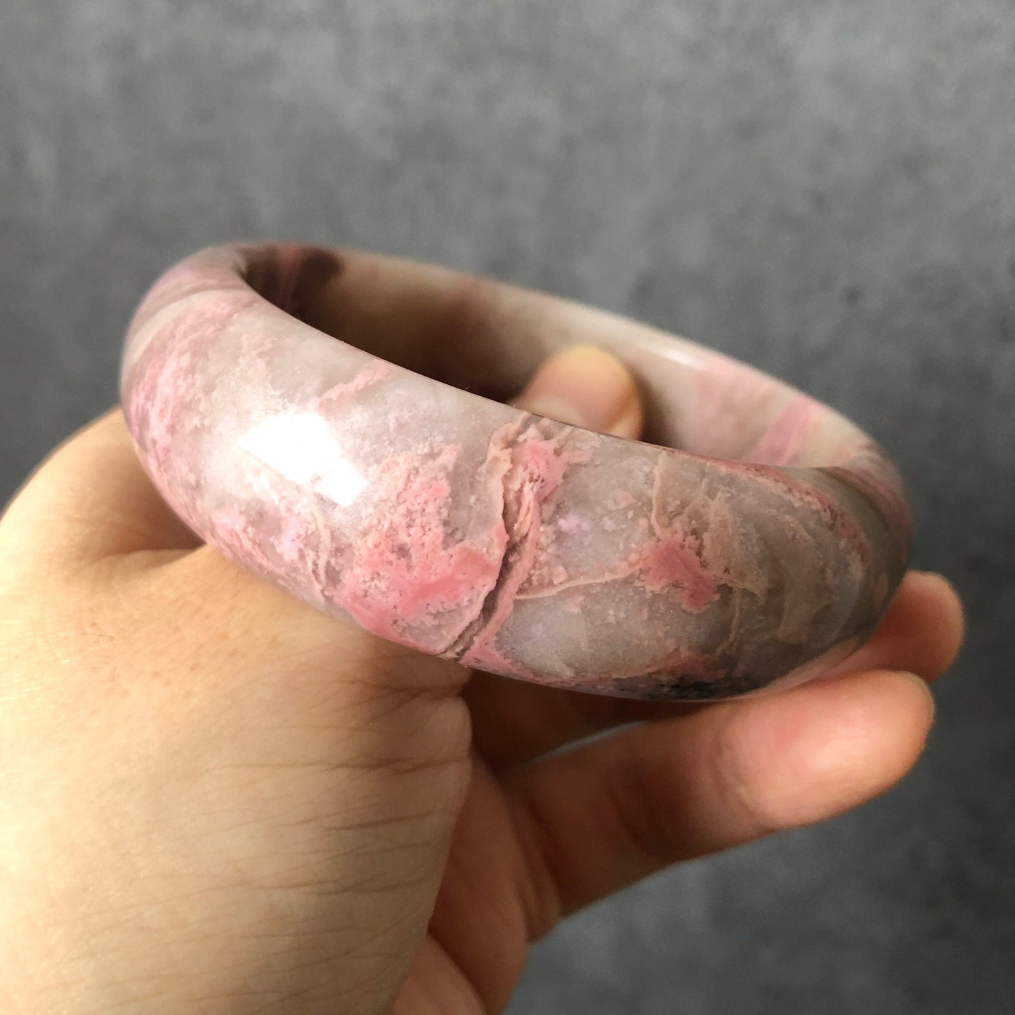 58.5mm Natural Rhodonite Stone Bangle Bracelet| Purple Rain | Icy purple pink | exclamation mark | Wide Crystal Bangle Big Gemstone Jewelry