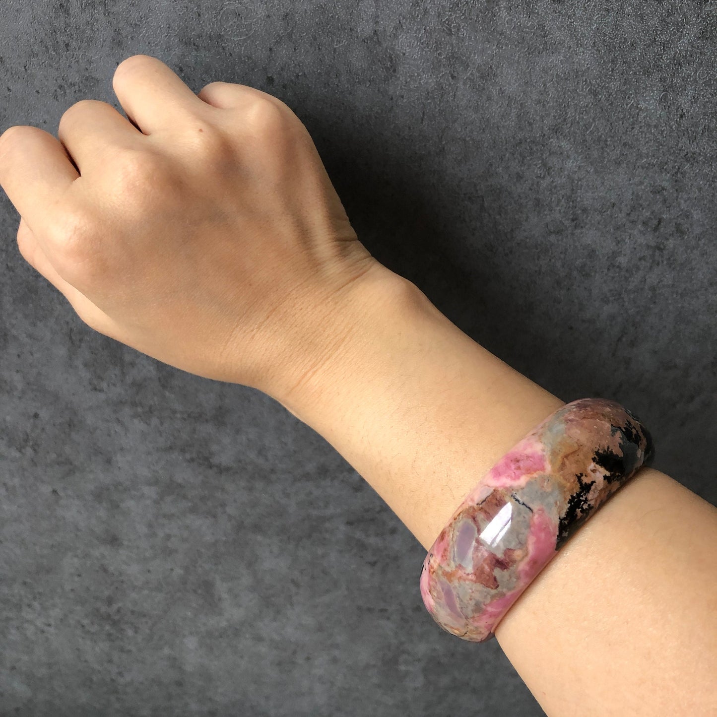 58.5mm Premium Rhodonite Stone Bangle bracelet | Rosy Pink, Porcelain Blue | Gallery of Impressionism | Crystal Gemstone Rock Bangle Gift
