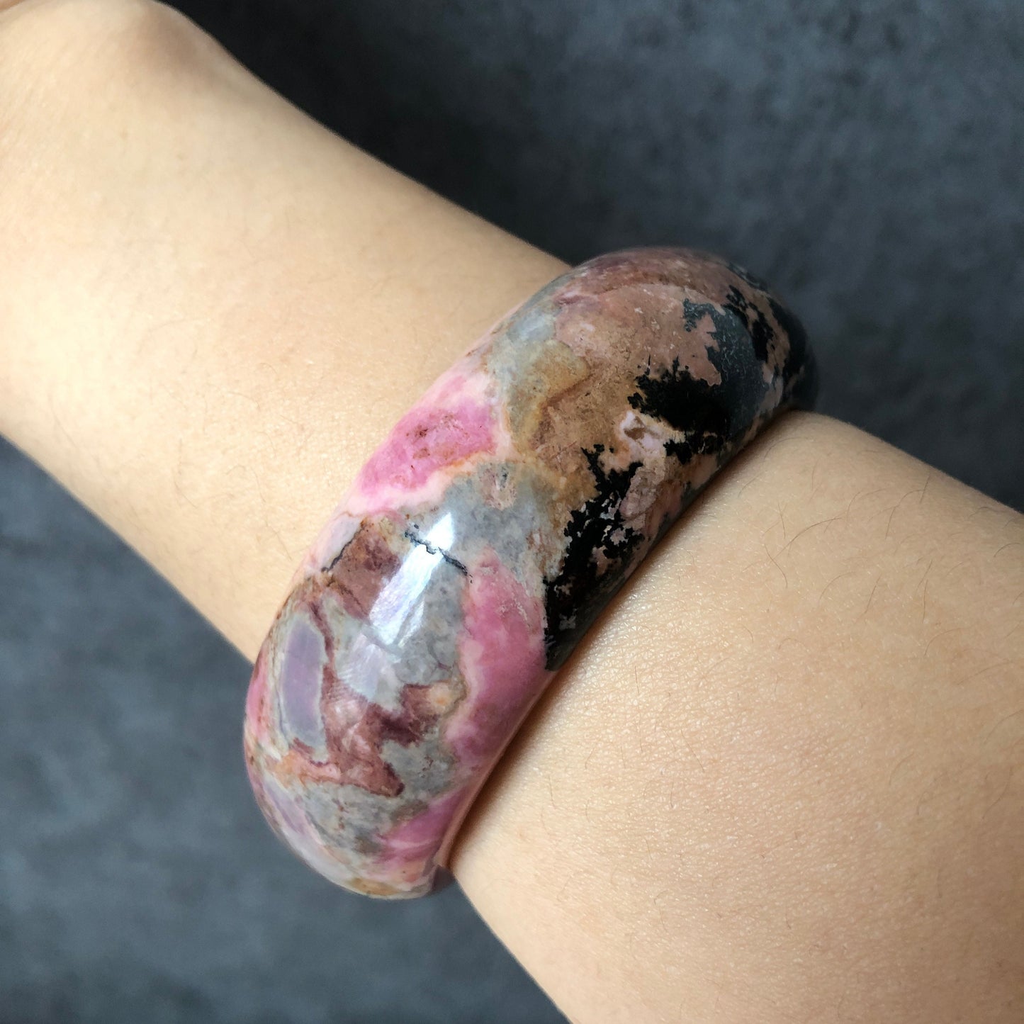 58.5mm Premium Rhodonite Stone Bangle bracelet | Rosy Pink, Porcelain Blue | Gallery of Impressionism | Crystal Gemstone Rock Bangle Gift