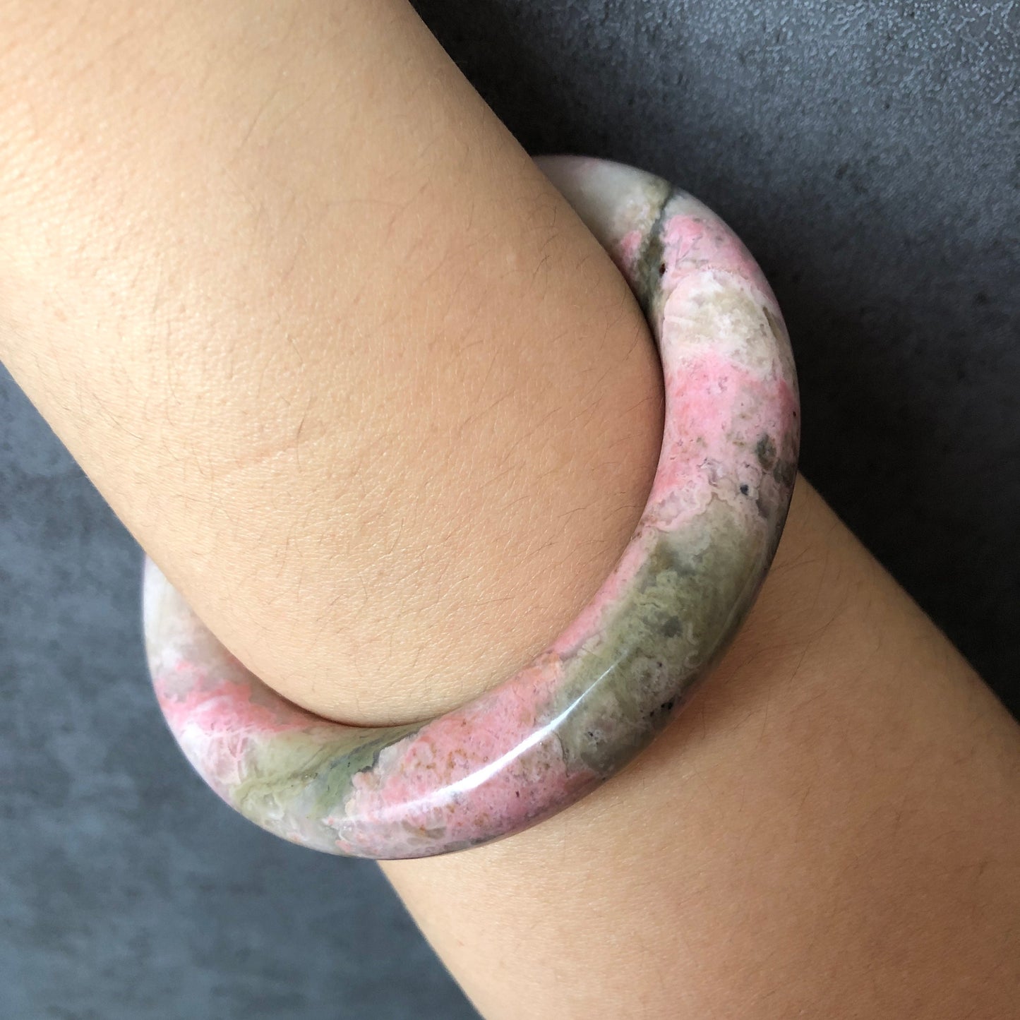 56mm Natural Rhodonite Stone Bangle Bracelet | Tinker Bell | Milky Pink & Green | Real Crystal Gemstone Bangle | Healing Stone Gift for her | Rock Bangle | Vintage Style Bangle | Baby Pink Bracelet | Antique Bangle